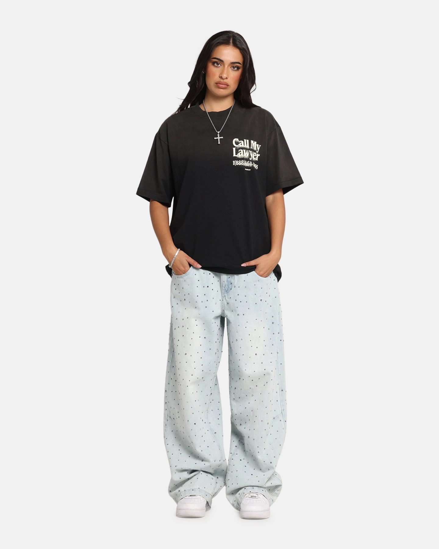 Adjustable Hem Cuff Minimalist Detailing Market Call My Lawyer 3D T-Shirt Faded Black