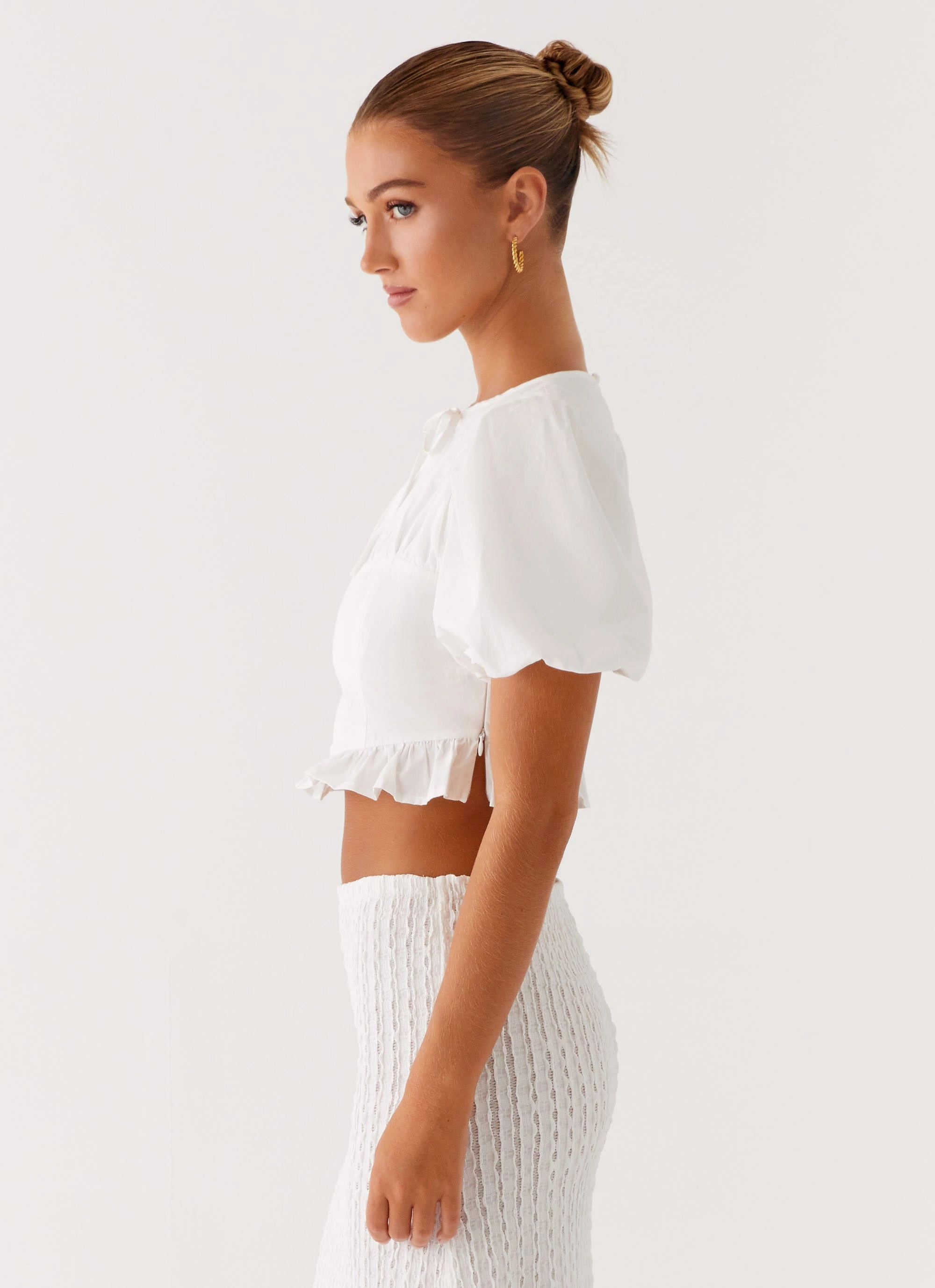 Megan Balloon Sleeve Top - White MicrofiberTech Luxurious Feel