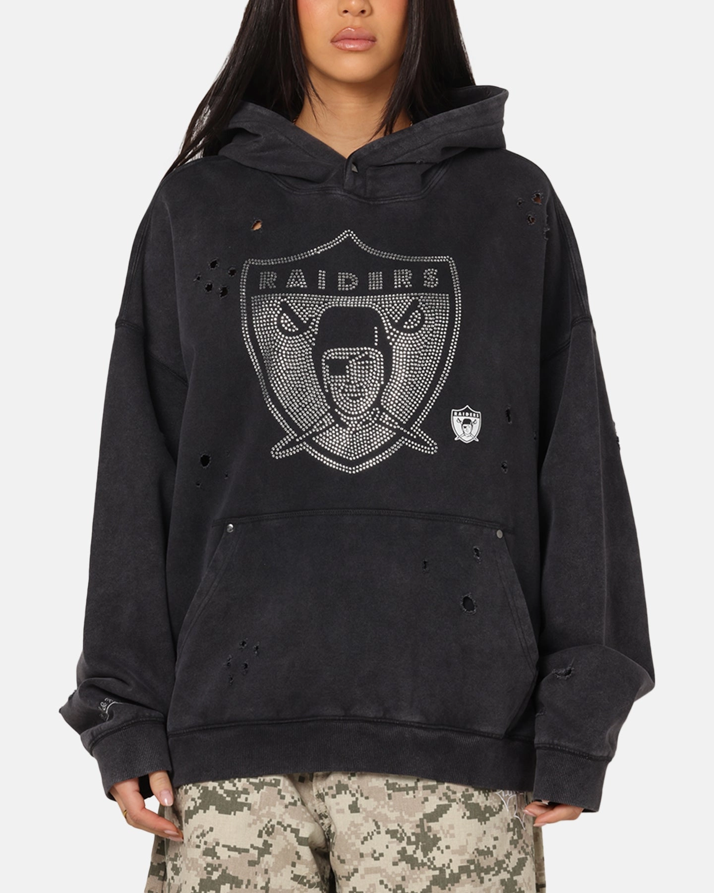Mitchell & Ness Las Vegas Raiders Distressed Rhinestone Logo Hoodie Faded Black Fade Resistant Finish