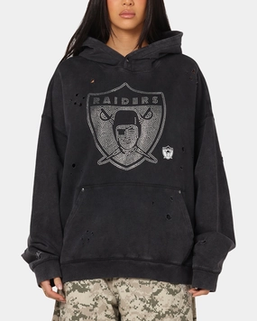 Mitchell & Ness Las Vegas Raiders Distressed Rhinestone Logo Hoodie Faded Black Fade Resistant Finish