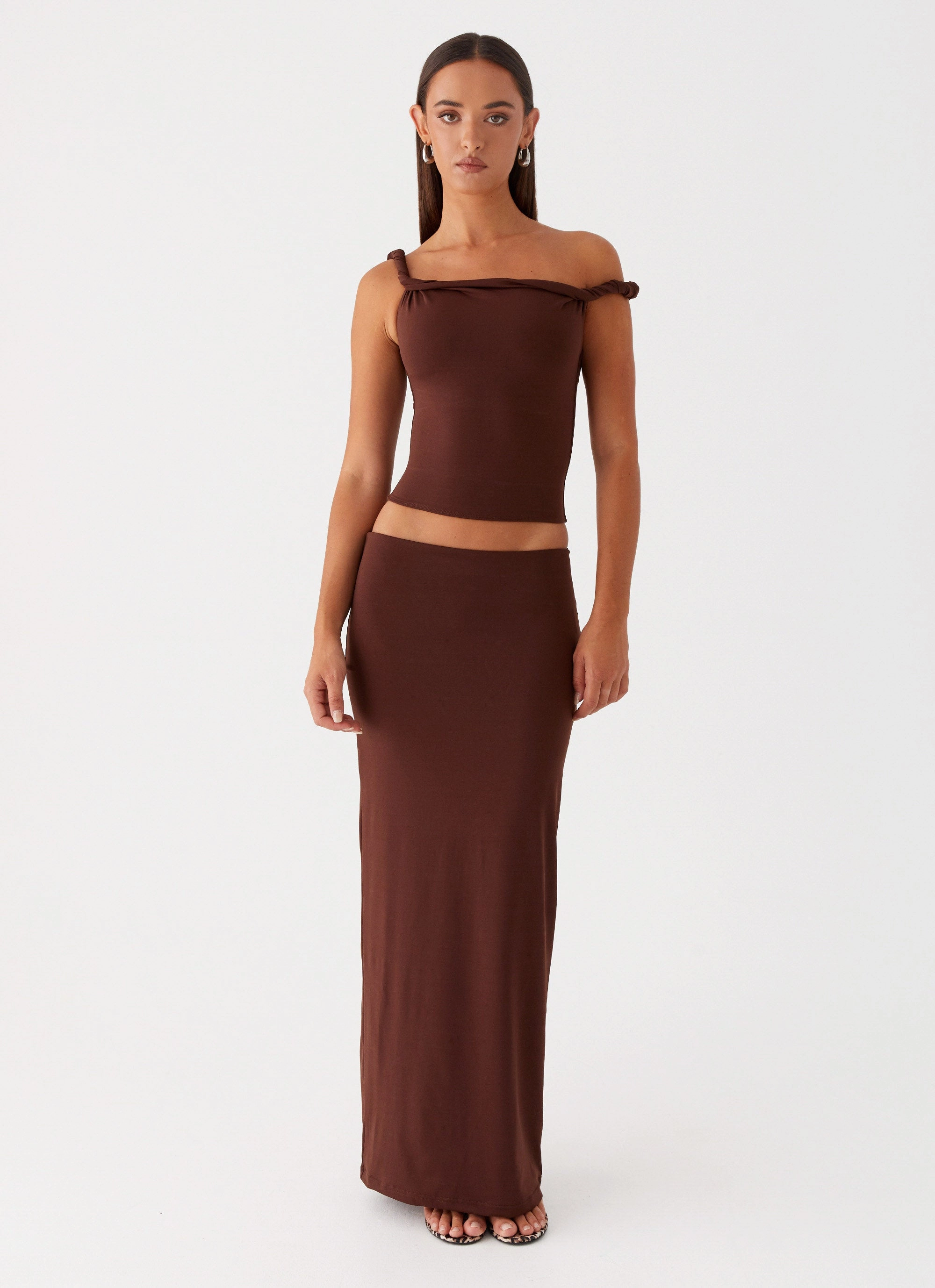 Solace Soul Twist Shoulder Top - Chocolate Sporty Design