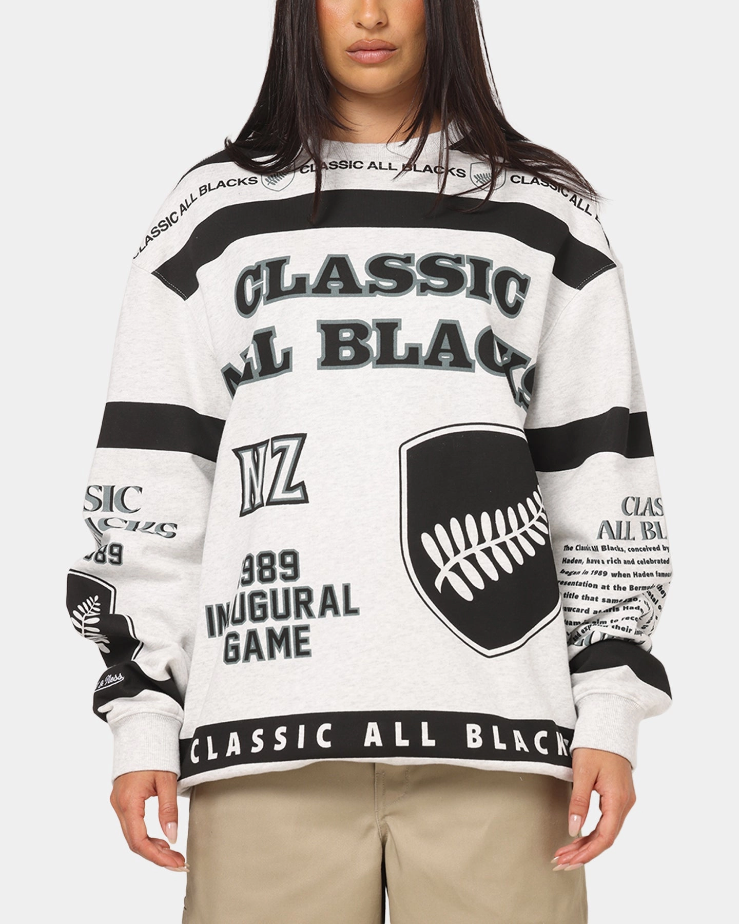 Mitchell & Ness All Blacks Rugby Union Classic Crewneck Silver Marle Temperature Regulating Fabric OdorControl Technology