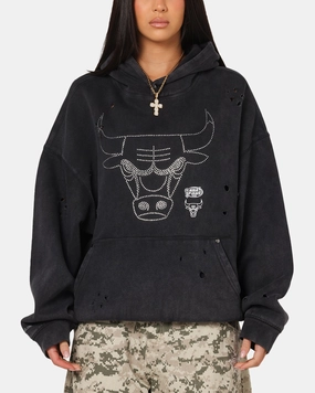 Mitchell & Ness Chicago Bulls Distressed Rhinestone Logo Hoodie Faded Black Stylish Dress UV protection layer