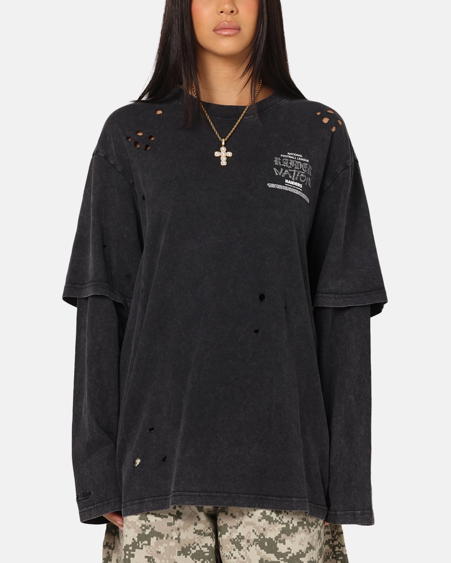 Mitchell & Ness Las Vegas Raiders Chromed Mock Long Sleeve T-Shirt Faded Black Outdoor Apparel Anti Pilling Technology