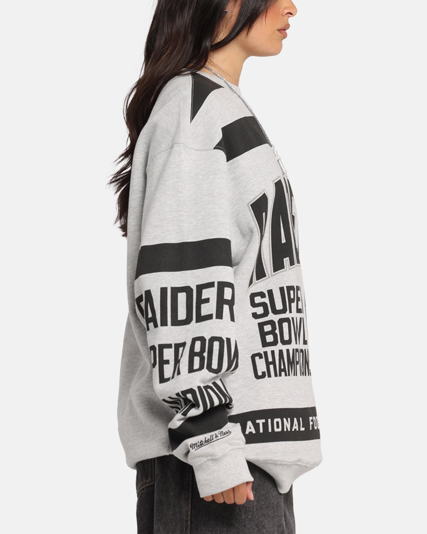 Mitchell & Ness Las Vegas Raiders Letterform Crewneck Grey Marle/Official Team Color Low Profile Zipper Closure YarnDye Technique