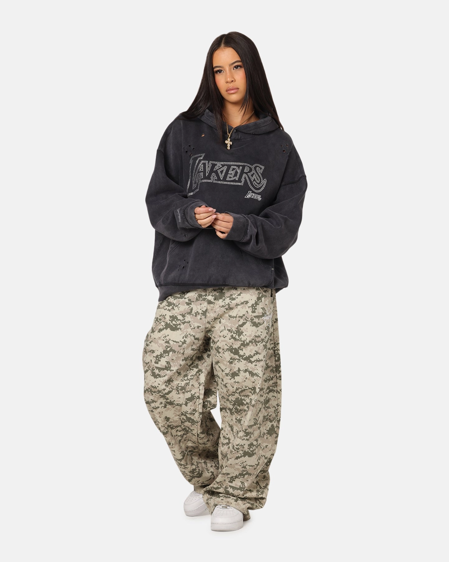 Mitchell & Ness Los Angeles Lakers Distressed Rhinestone Logo Hoodie Faded Black Elegant Cardigan