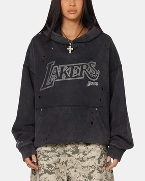 FasteningHood Tagless Design Mitchell & Ness Los Angeles Lakers Distressed Rhinestone Logo Hoodie Faded Black
