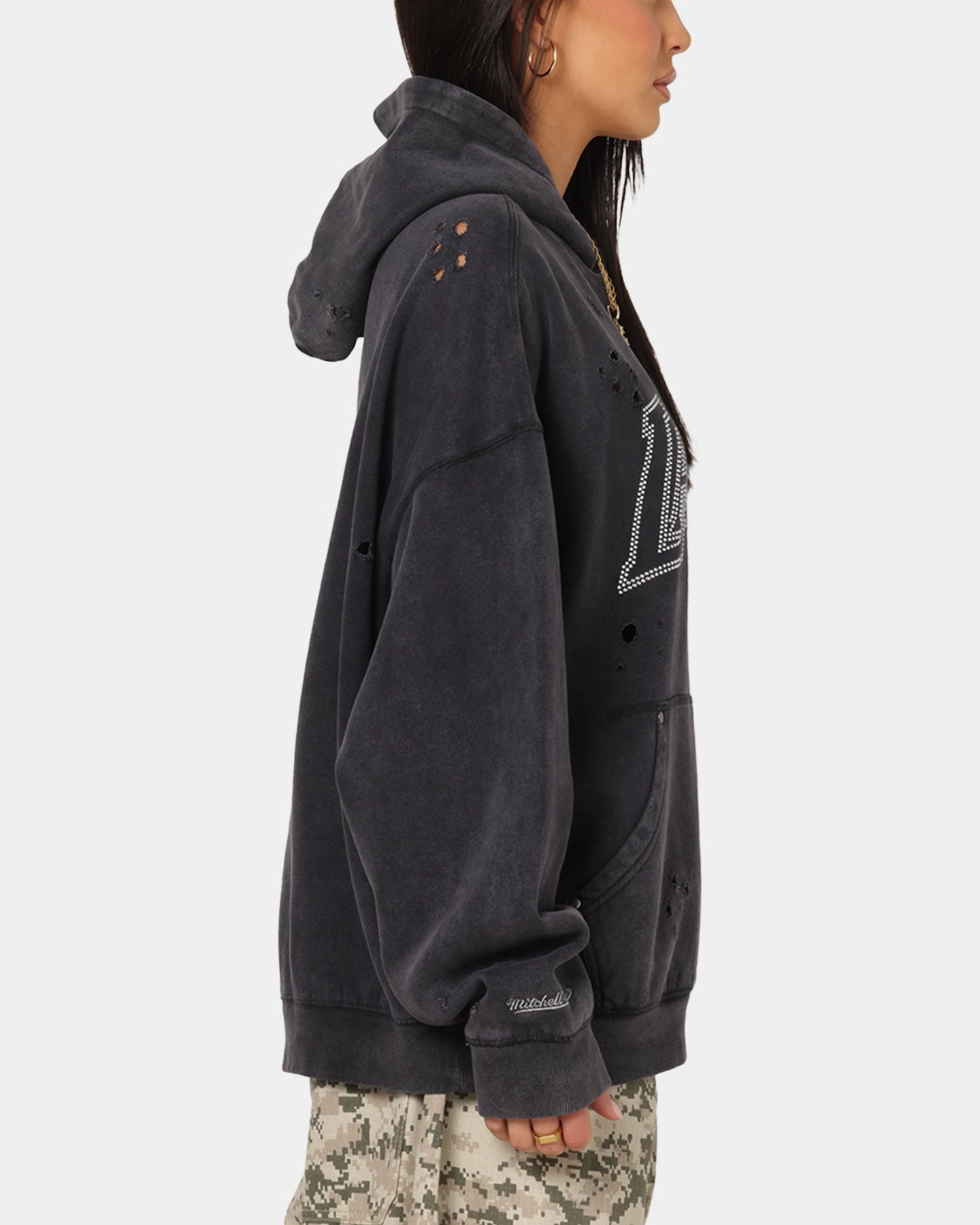 Asymmetrical hem Fashionable Shirt Mitchell & Ness Los Angeles Lakers Distressed Rhinestone Logo Hoodie Faded Black