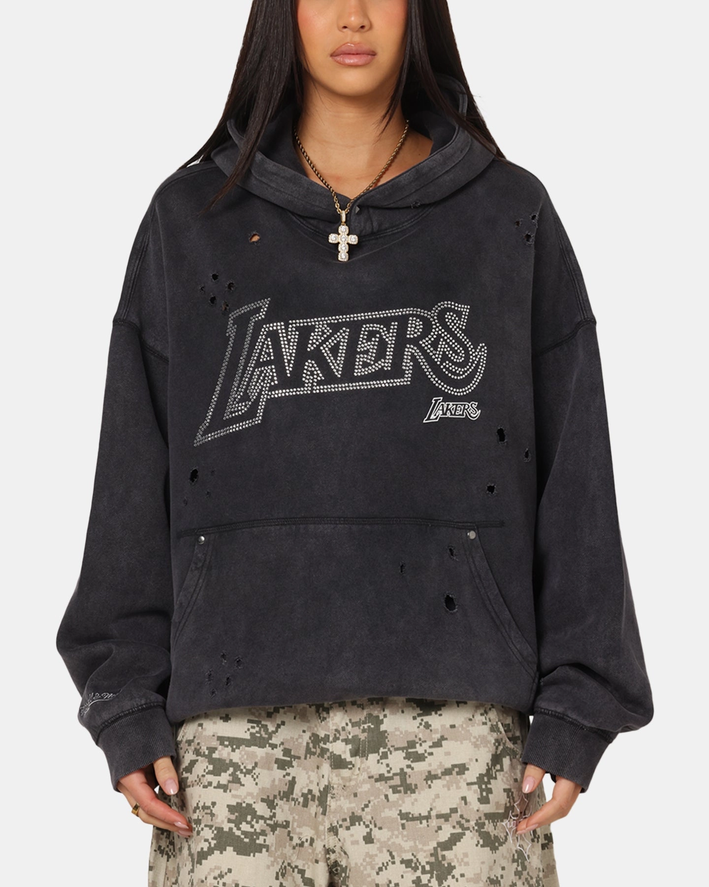 FasteningHood Tagless Design Mitchell & Ness Los Angeles Lakers Distressed Rhinestone Logo Hoodie Faded Black