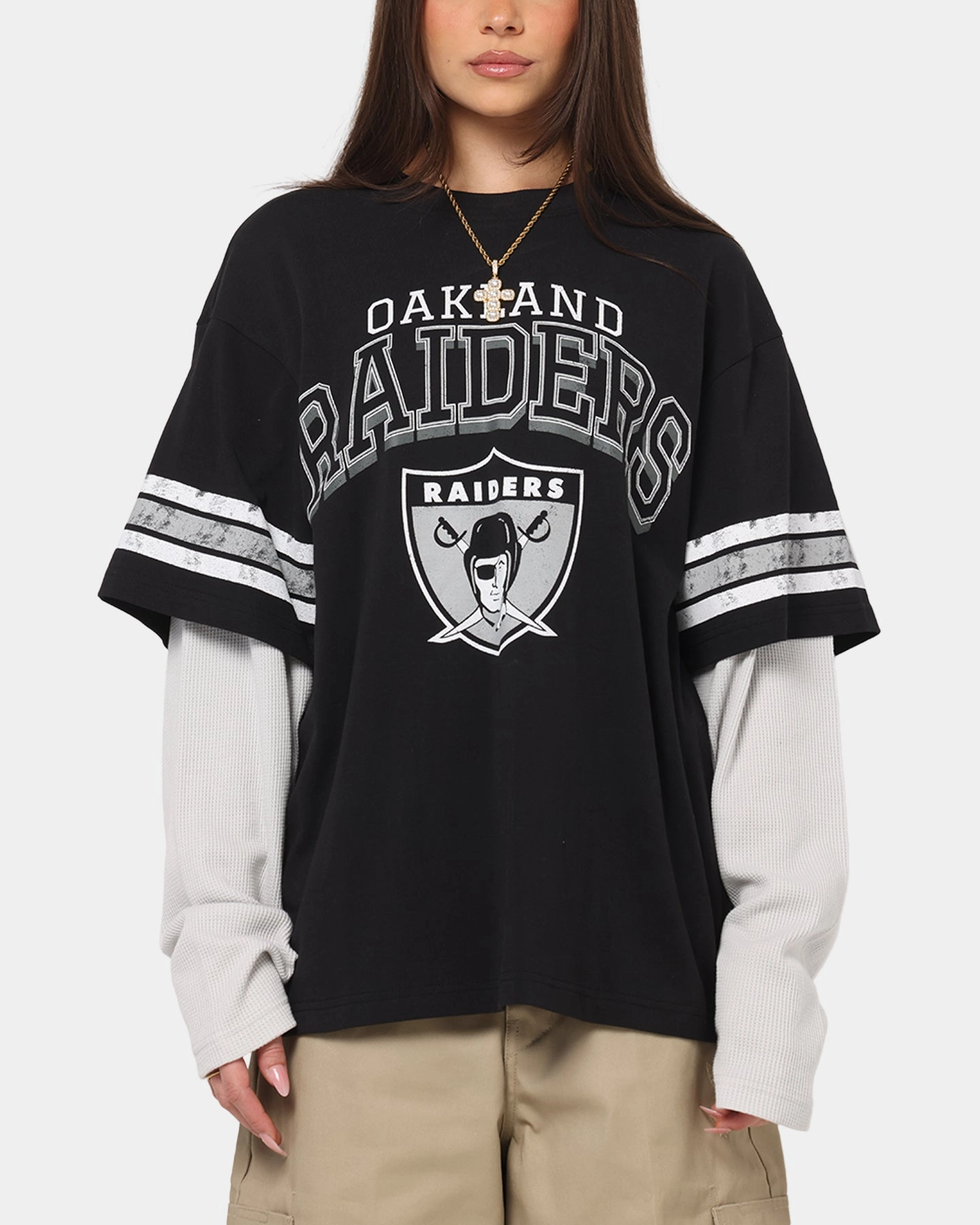 Mitchell & Ness Oakland Raiders Waffle Mock Layer Long Sleeve T-Shirt Black OdorResistant OdorResistantFinish
