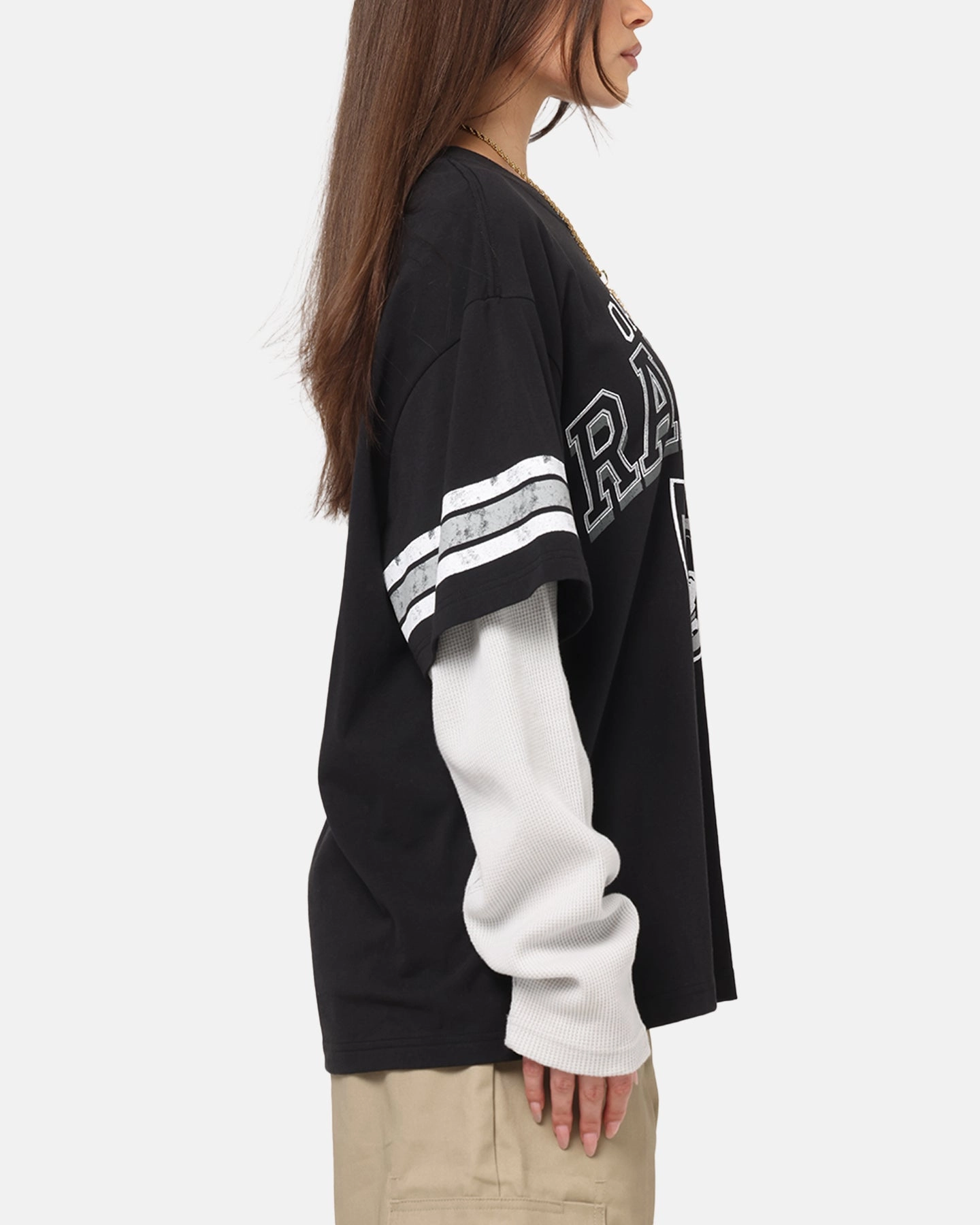 Mitchell & Ness Oakland Raiders Waffle Mock Layer Long Sleeve T-Shirt Black Comfy Style