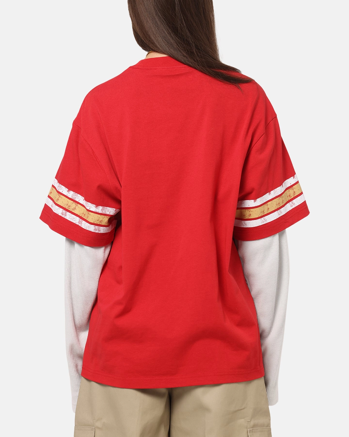 Odor Resistant Double Layered Hem Reinforcement Mitchell & Ness San Francisco 49ers Waffle Mock Layer Long Sleeve T-Shirt Red