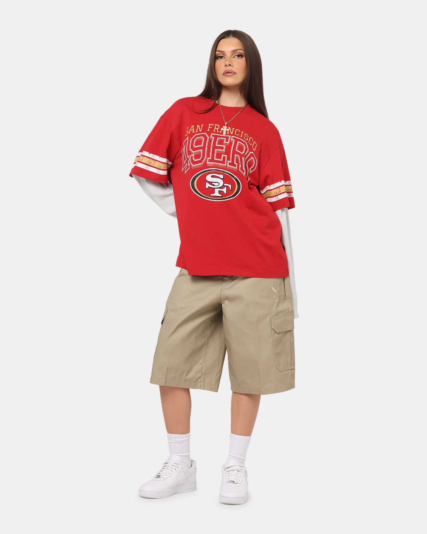 Mitchell & Ness San Francisco 49ers Waffle Mock Layer Long Sleeve T-Shirt Red Relaxed Crew Neck Opening