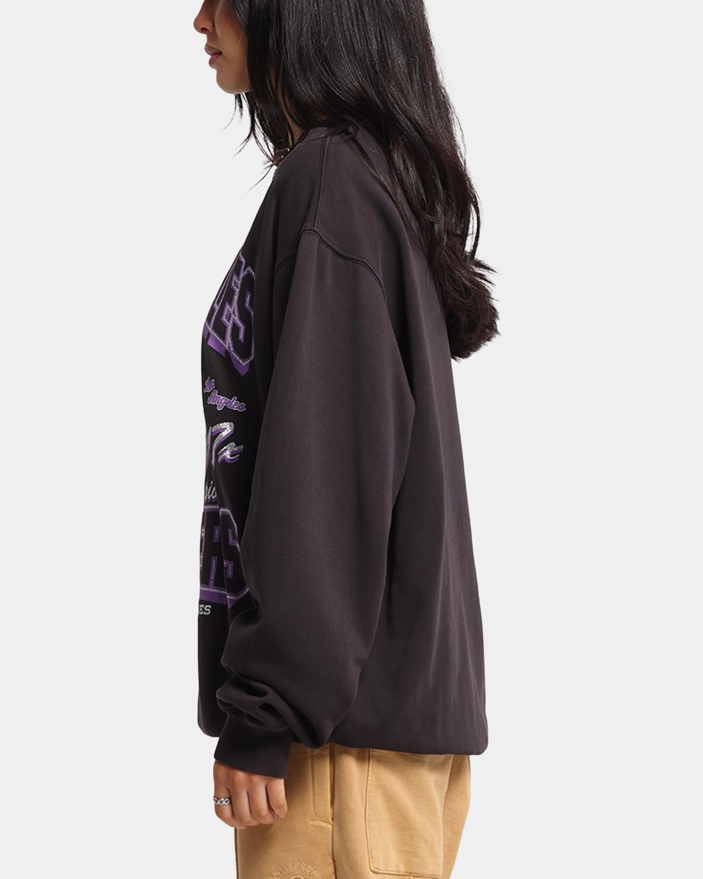 Sustainable Fabric Blend Reflective accents Mitchell & Ness Women's Los Angeles Lakers Arch Logo Crewneck Overdyed Black