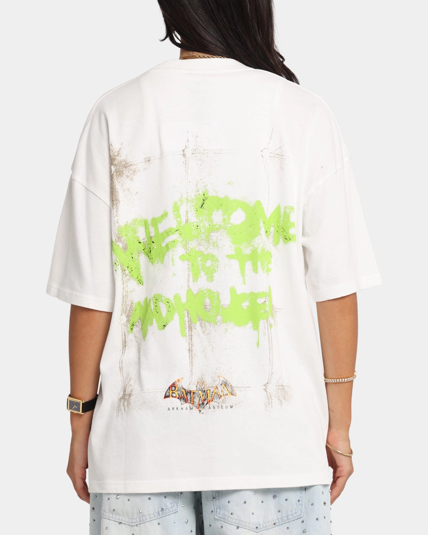 73 Studio X DC Batman Joker Arkham Asylum Vintage T-Shirt Off White Raglan Sleeve Stretch Knit Fabric