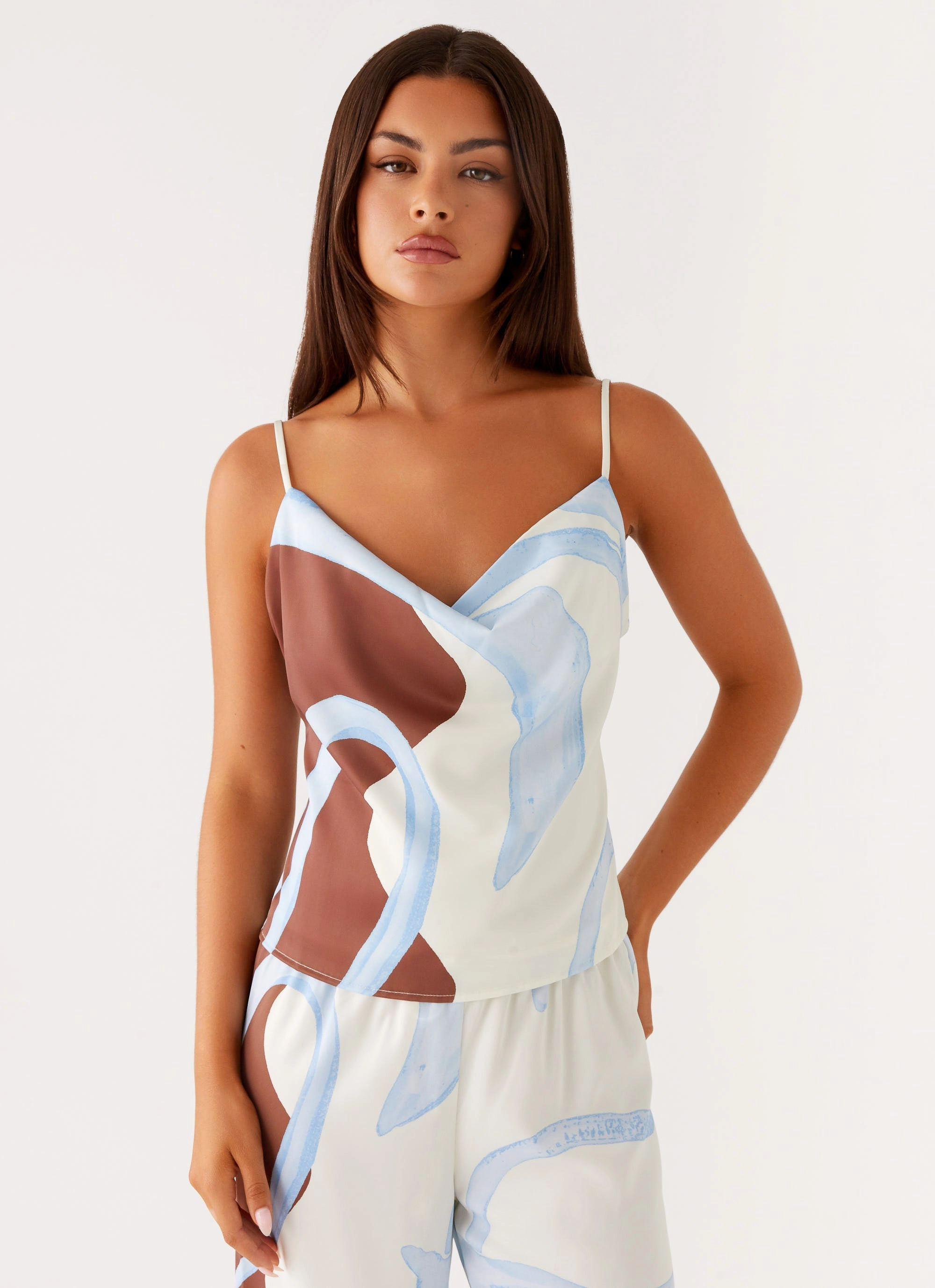 Kaia Cowl Neck Top - Bloom Wave Print Sleeveless Top Tactile Soft Texture