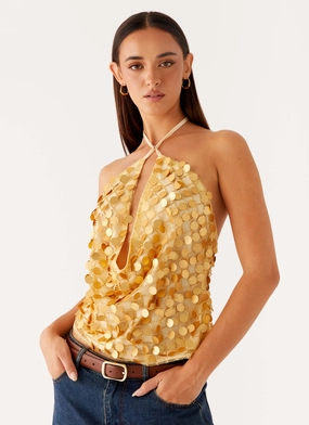 EcoFriendly Manufacturing EasyCare Material Xander Sequin Halter Top - Gold