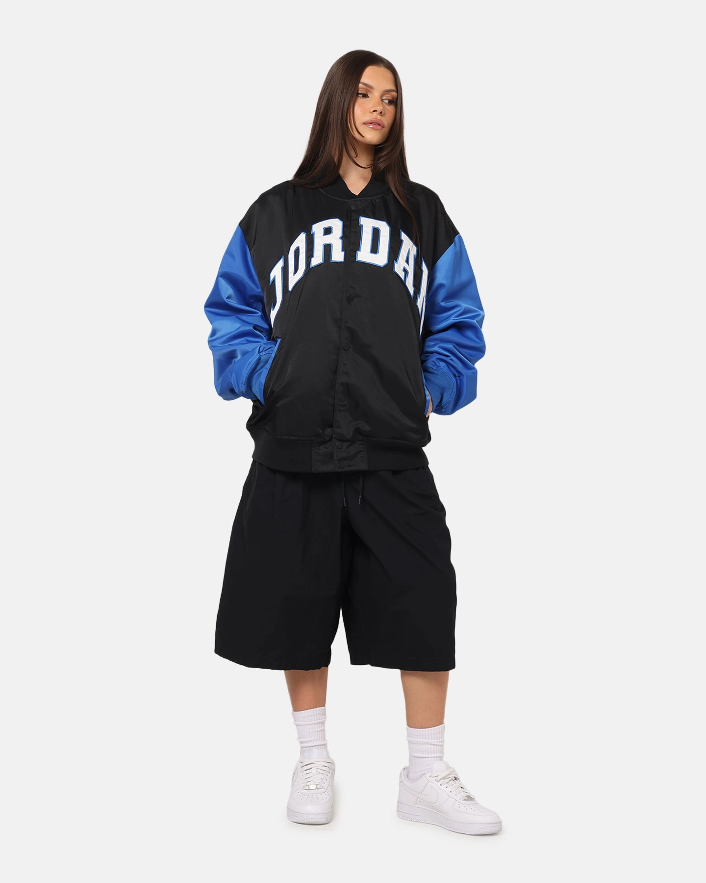 Jordan Brooklyn Collegiate Varsity Jacket Black/Blue Brushed Microfiber Surface