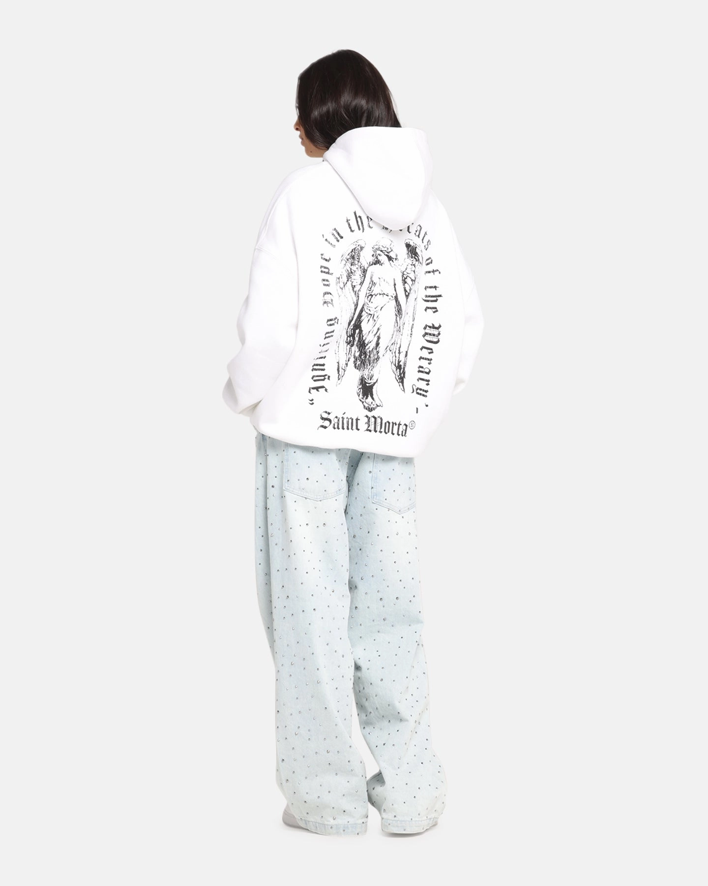 Contrast Stitch Saint Morta Weiry Hearts Boxy Hoodie White