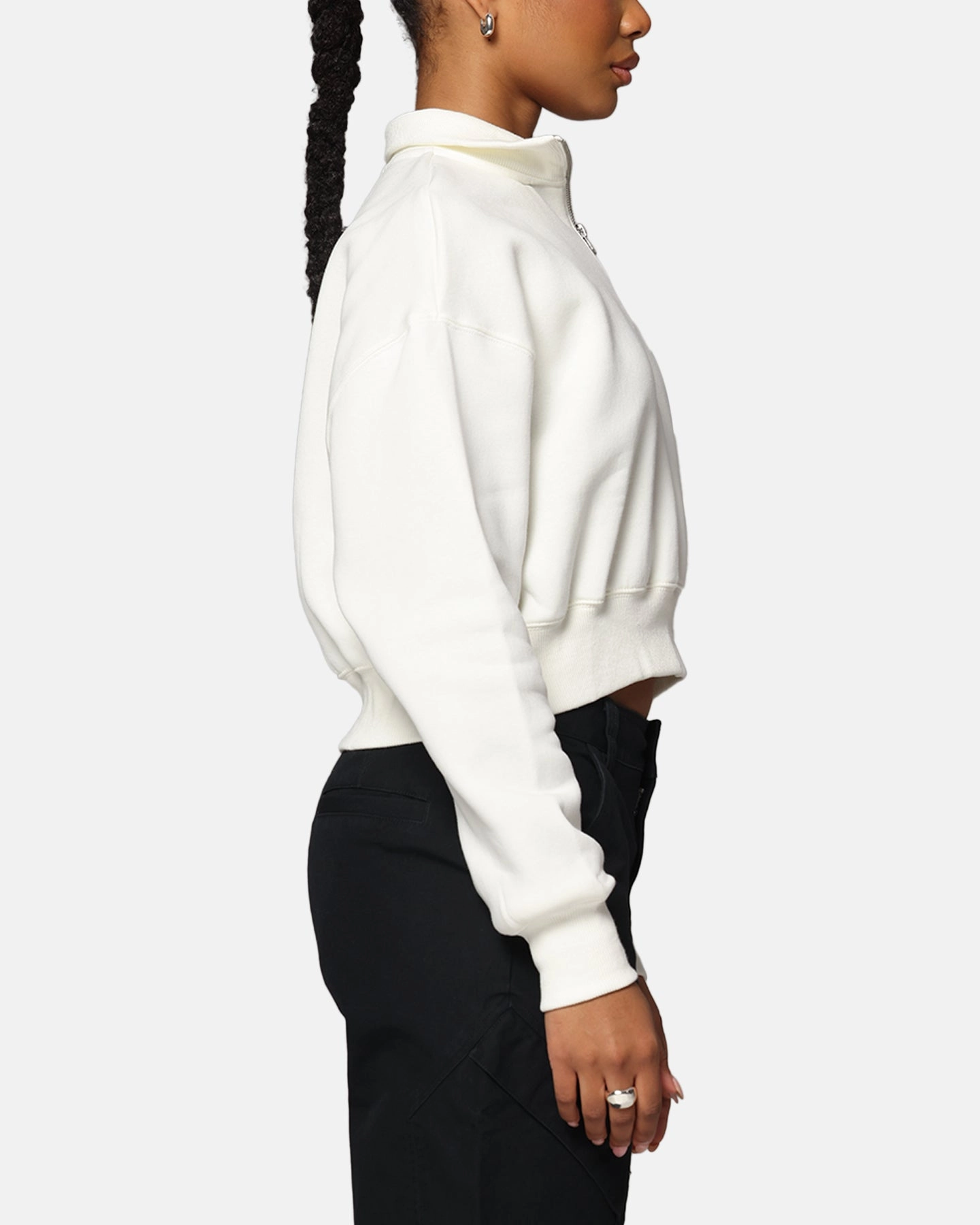 Nike Women's Sportswear Style Phoenix Fleece Cropped Half Zip Sweatshirt Sail/Black FrenchTerryTexture Reflective accents