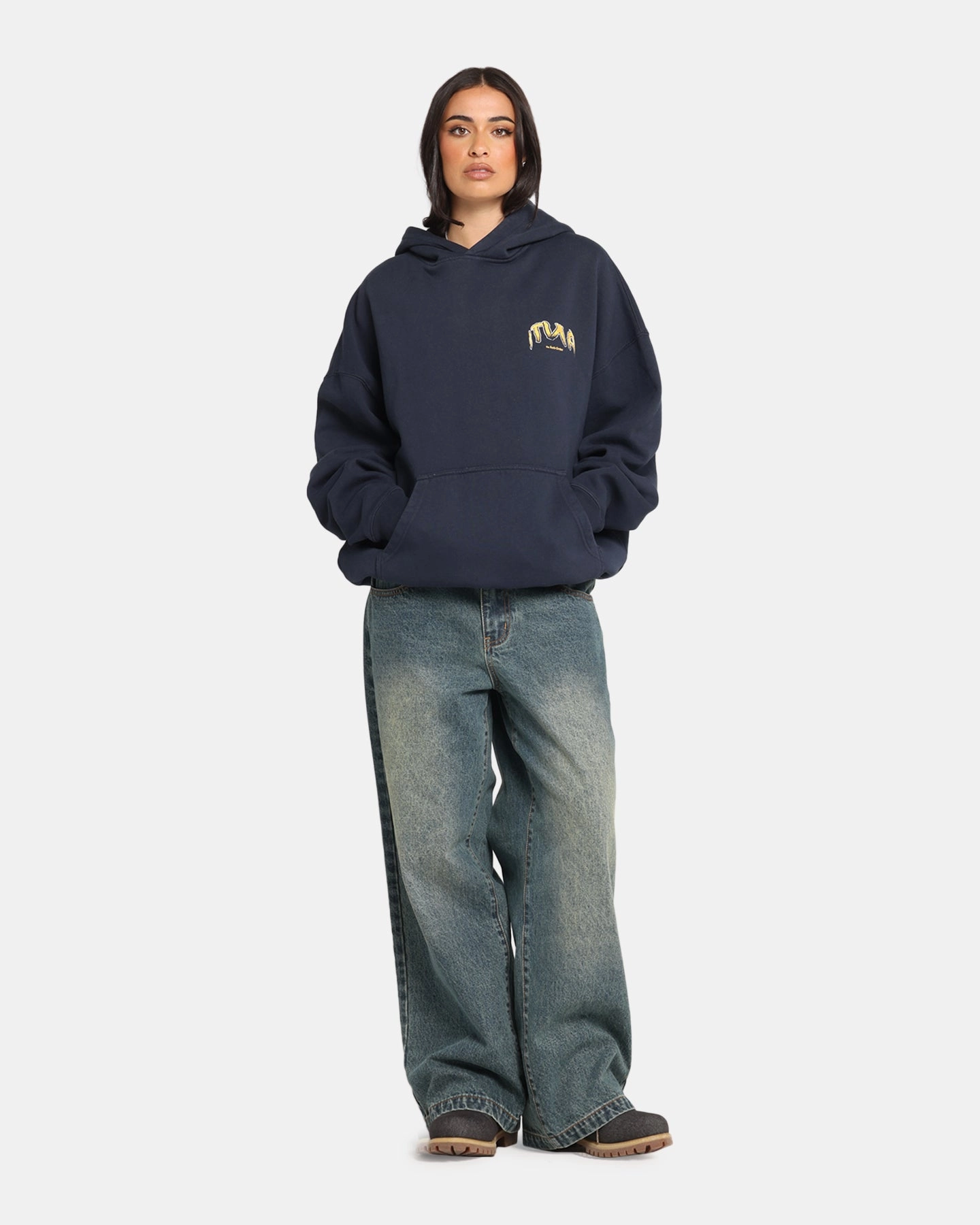 The Anti Order Anti Collegate Boxy Hoodie Navy Ribbed collar