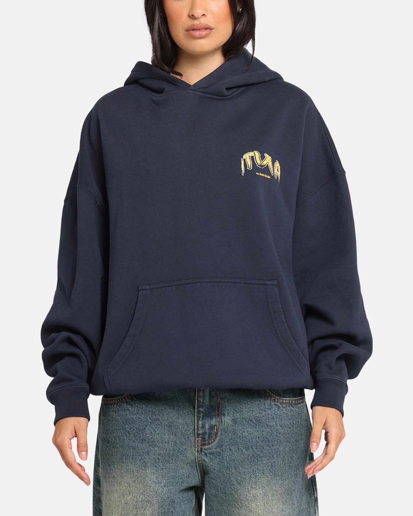 DualLayer Weave Non Irritating Seam Finish The Anti Order Anti Collegate Boxy Hoodie Navy