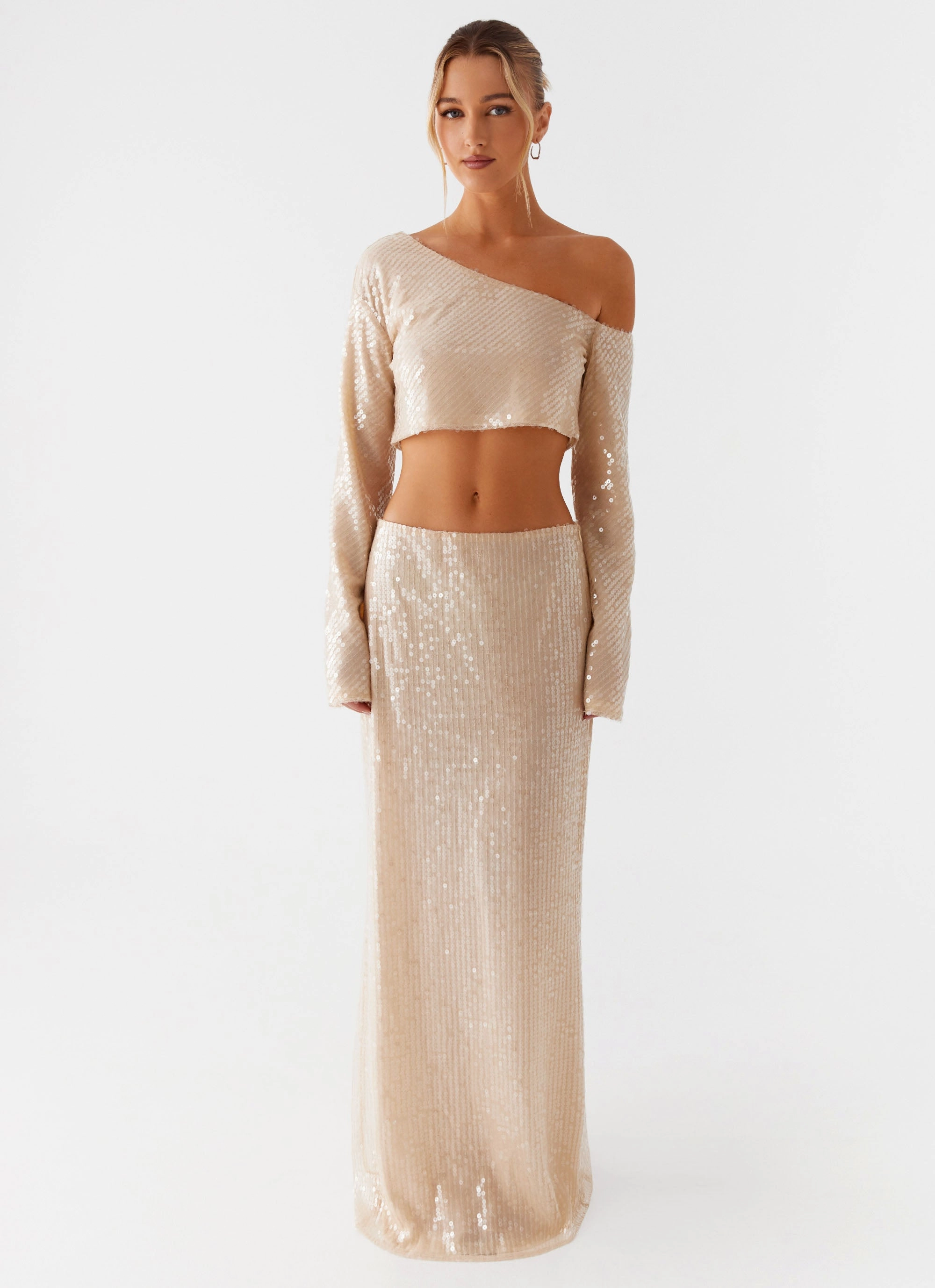 Wisteria Off Shoulder Long Sleeve Sequin Top - Champagne Denim Shirt Odor Resistant Treatment