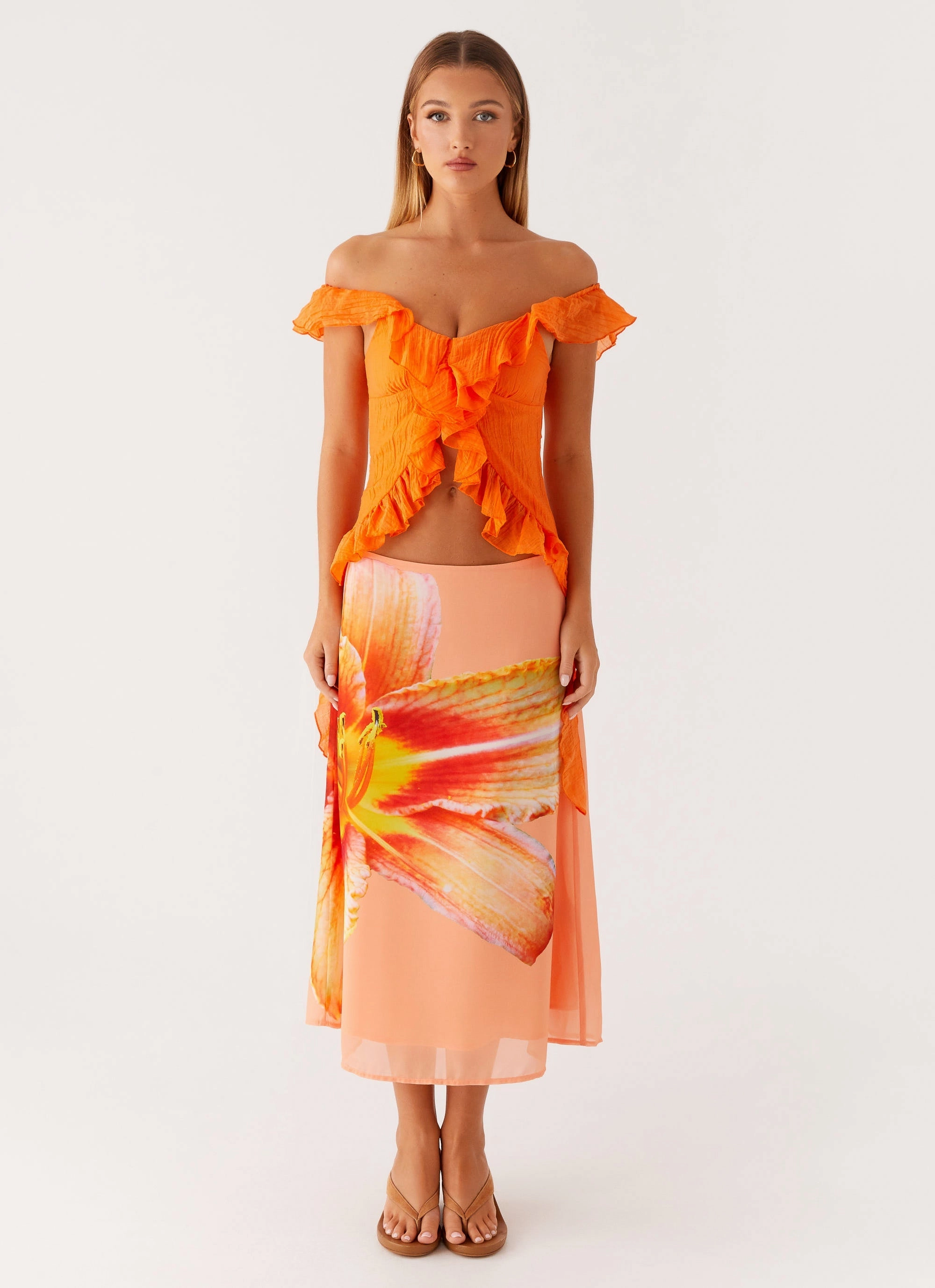 Dylan Off Shoulder Top - Orange ElasticTrimming FourWay Stretch