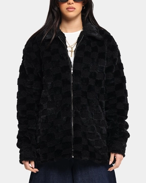 Double Needle Hemming MultipanelLayout XXIII Checkerboard Fur Jacket Black