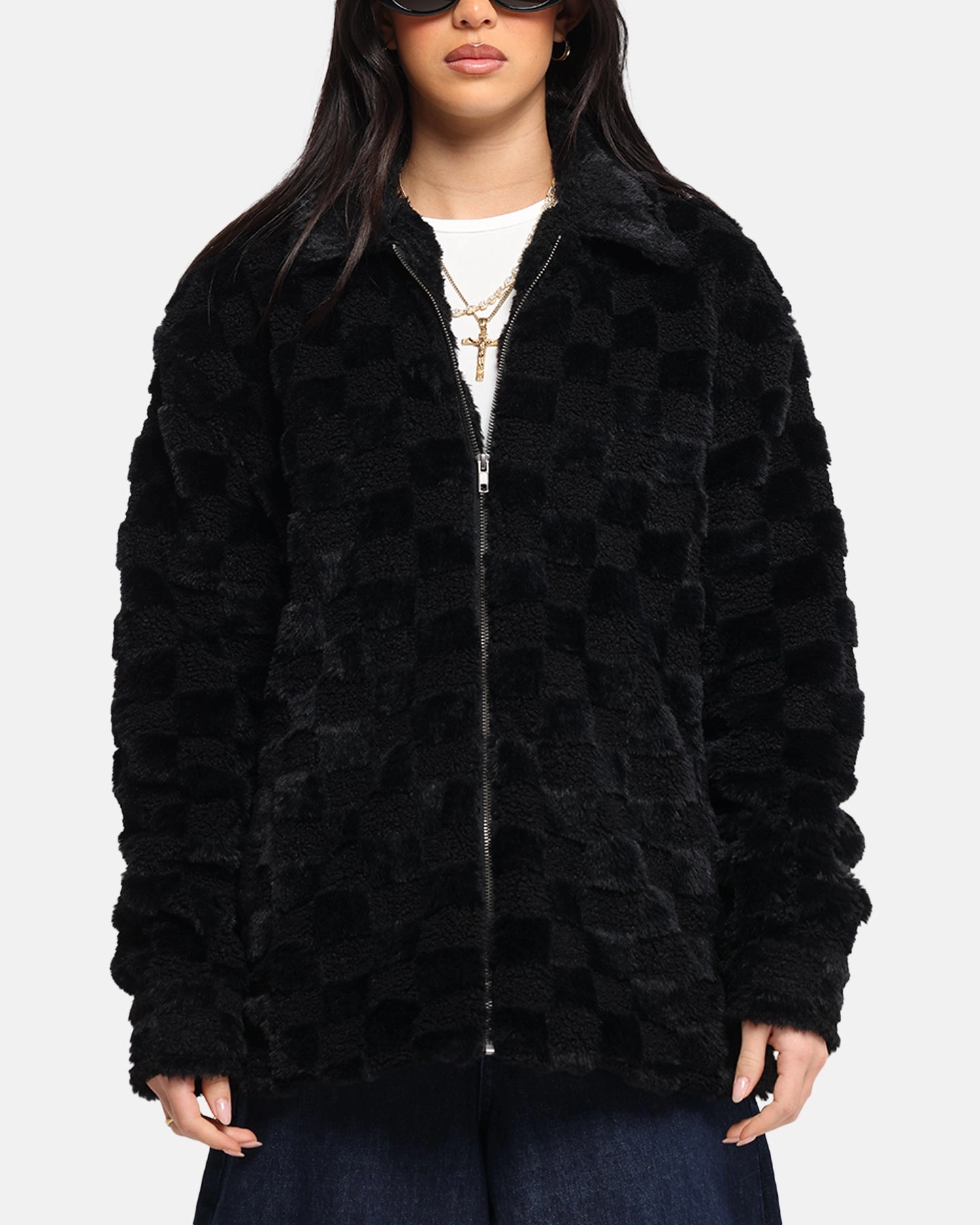 Double Needle Hemming MultipanelLayout XXIII Checkerboard Fur Jacket Black