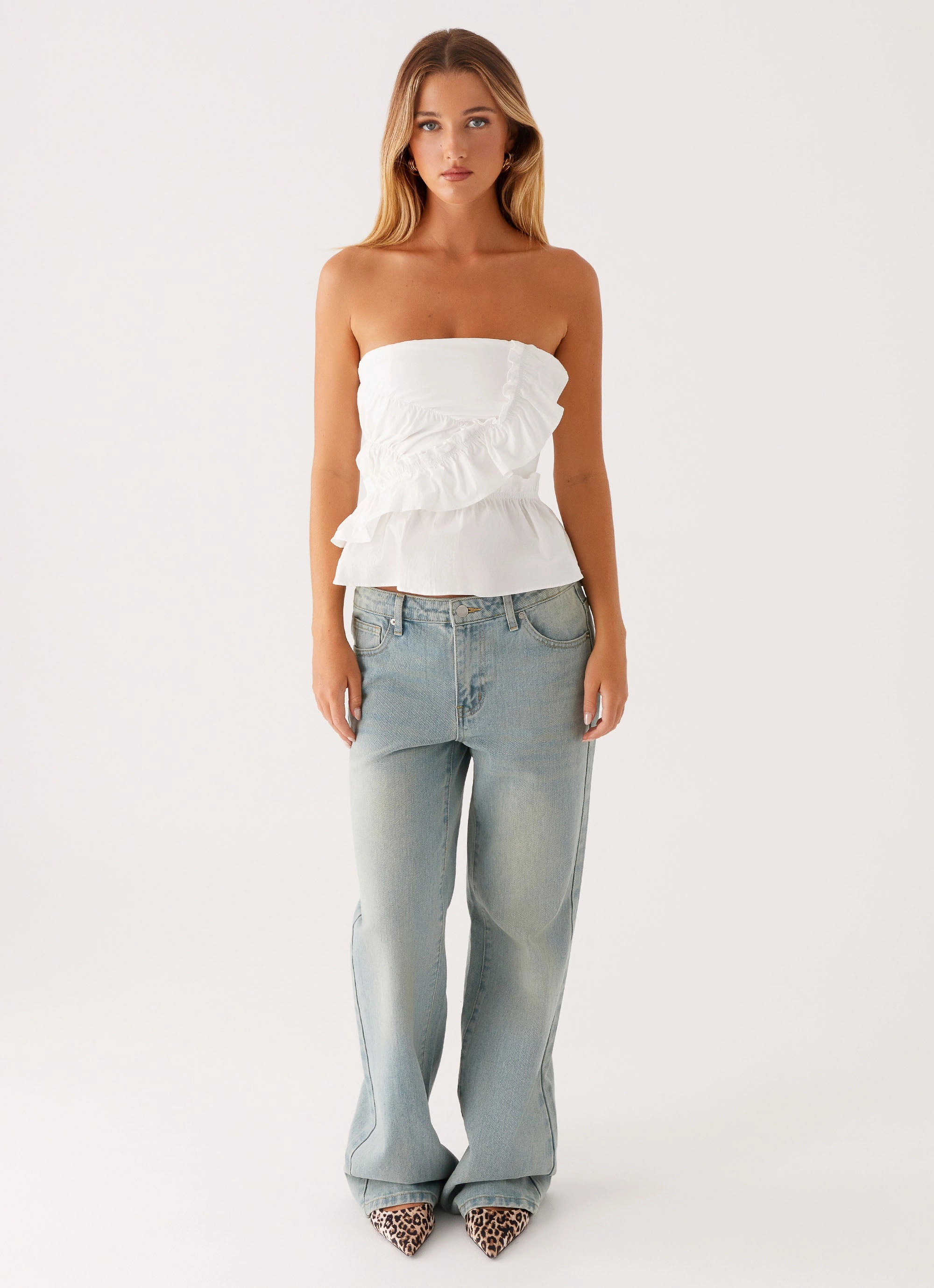 Neutral Tone Stitching Warm Fabric Roisin Ruched Top - White