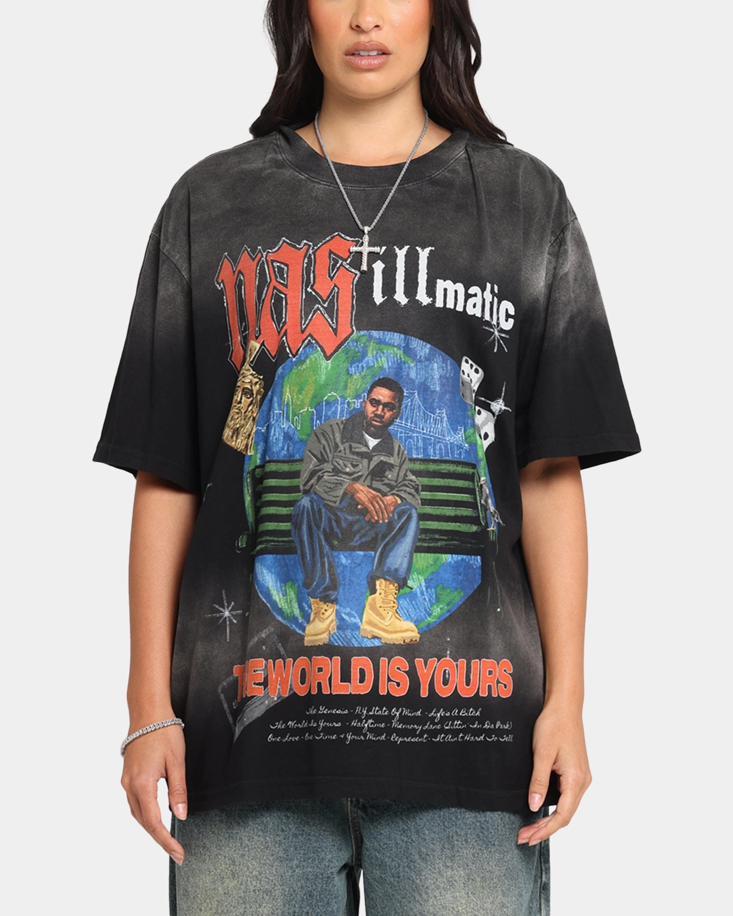Zero Waste Cut Pattern Nas The World Is Yours T-Shirt Washed Black