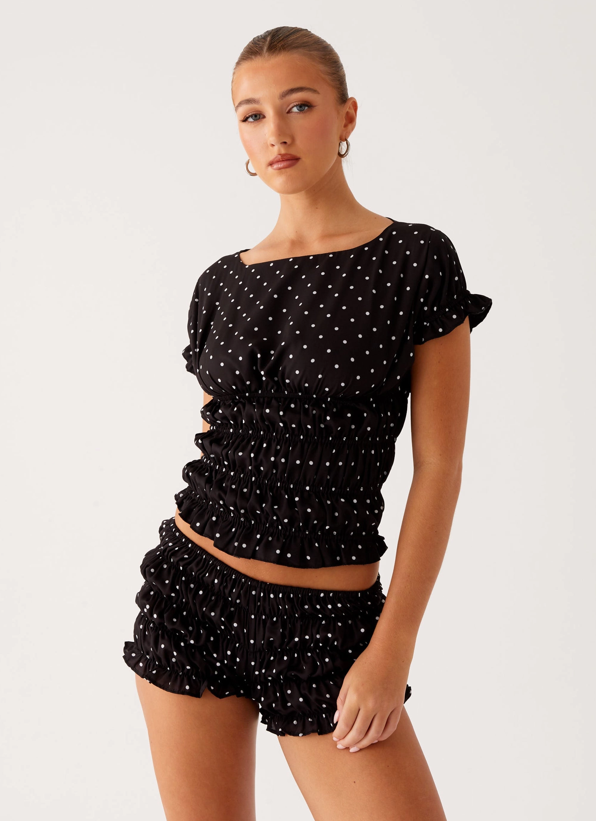 Natalia Ruched Top - Black Polka Dot Adaptive Waistband