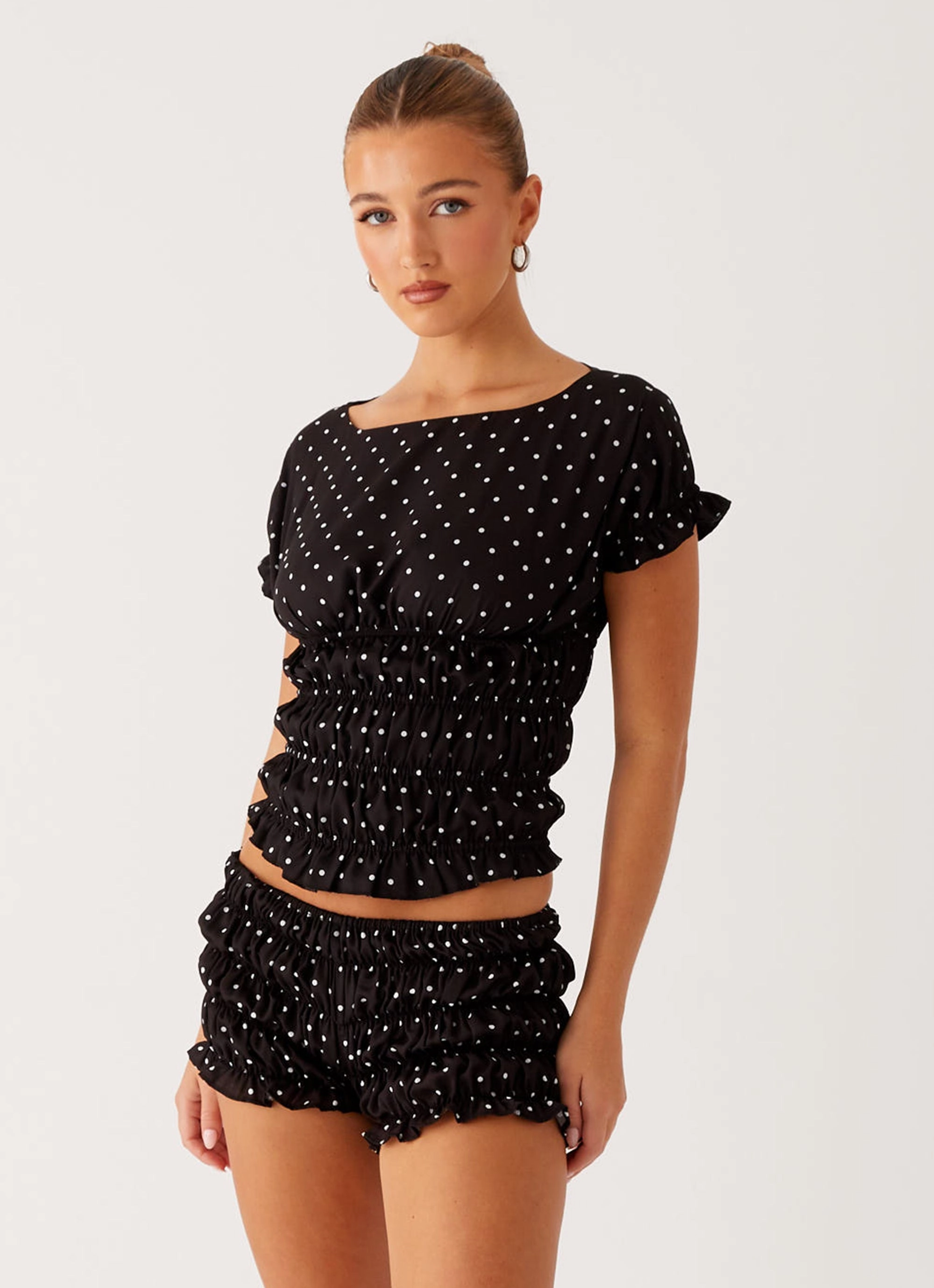 Natalia Ruched Top - Black Polka Dot NonRestrictive Fit FrictionResistant Trim