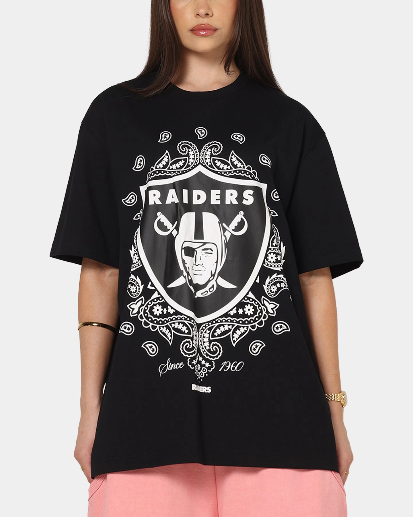 Stretch Blouse Grid Back Panel New Era Las Vegas Raiders Paisley Oversized T-Shirt Black