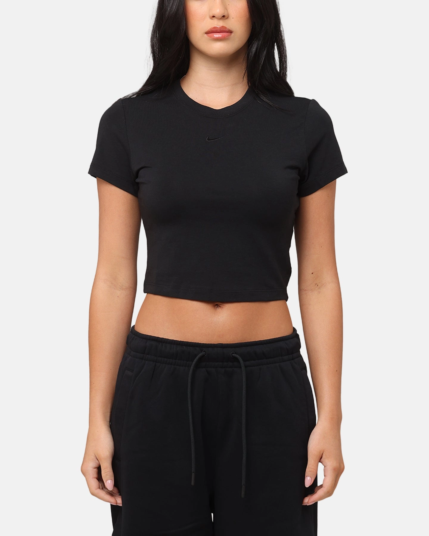 Nike Women's Sportswear Chill Knit Crop T-Shirt Black/Black Textured Weave Pattern Yarn Dyed Fabric