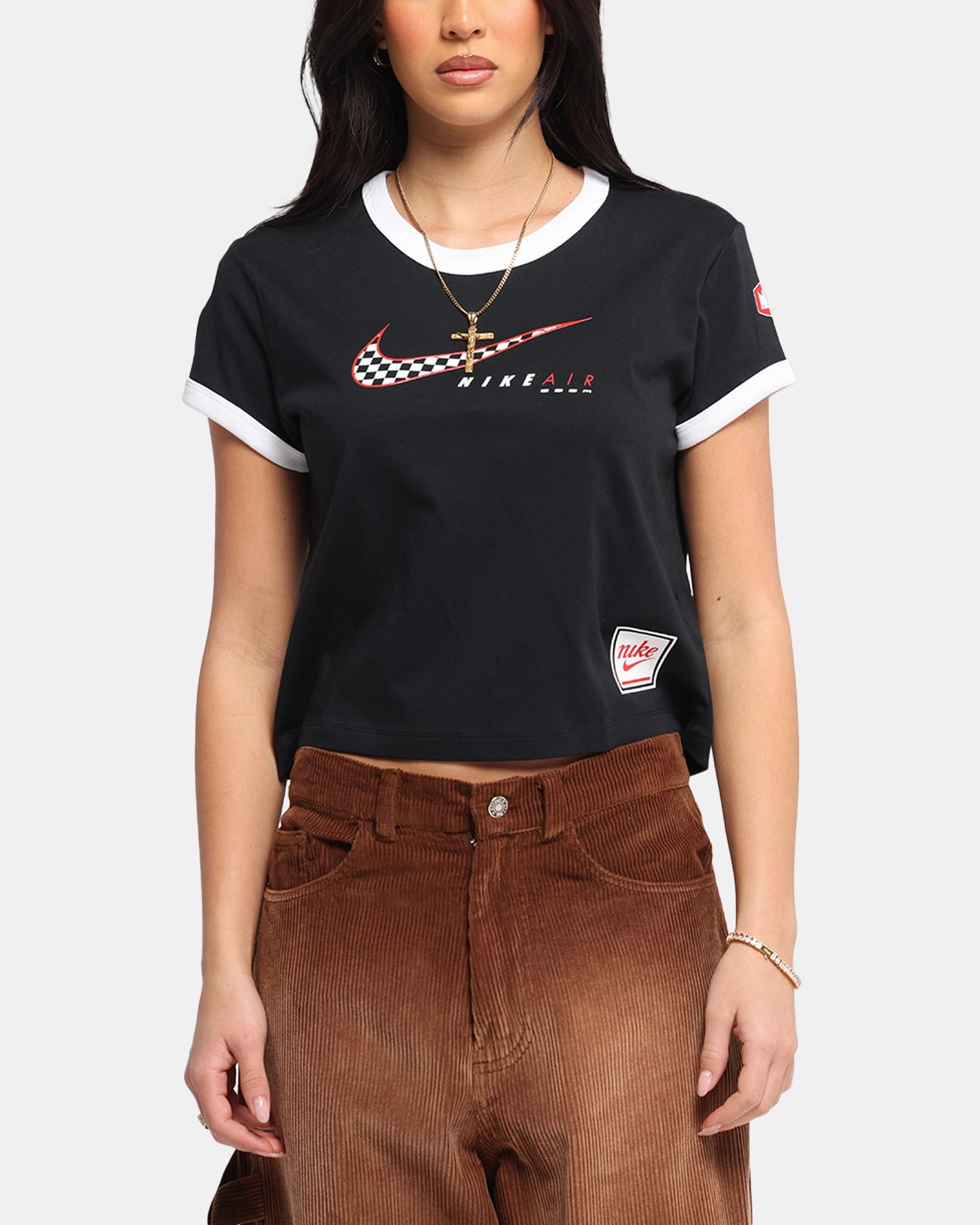 Nike Women's Sportswear Club Moto T-Shirt Black Noise Reducing Fabric Treatment Quick-Dry