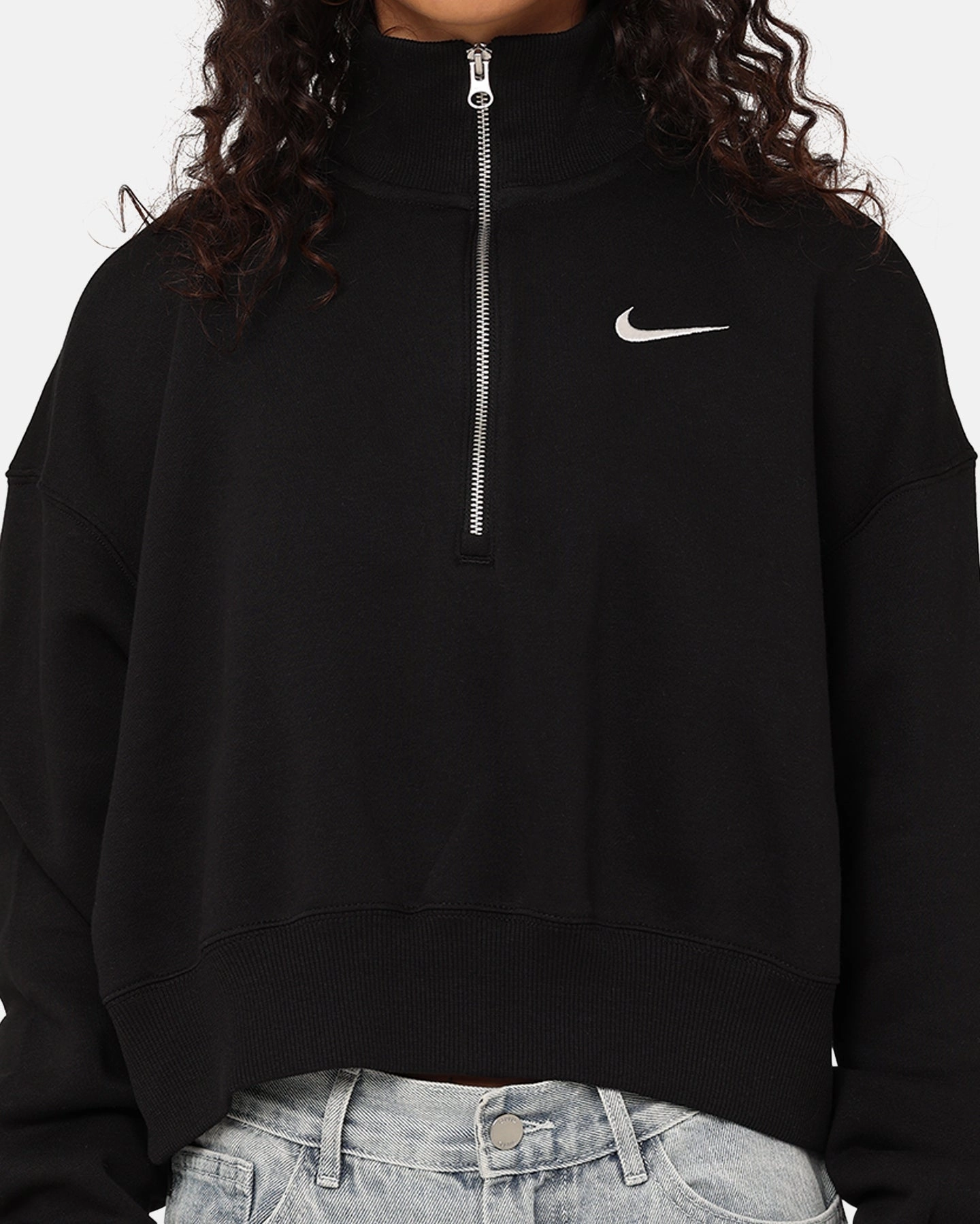 Reversible Layering Tech VentilatedMeshPaneling Nike Women's Sportswear Style Phoenix Fleece Cropped Half Zip Sweatshirt Black/Sail