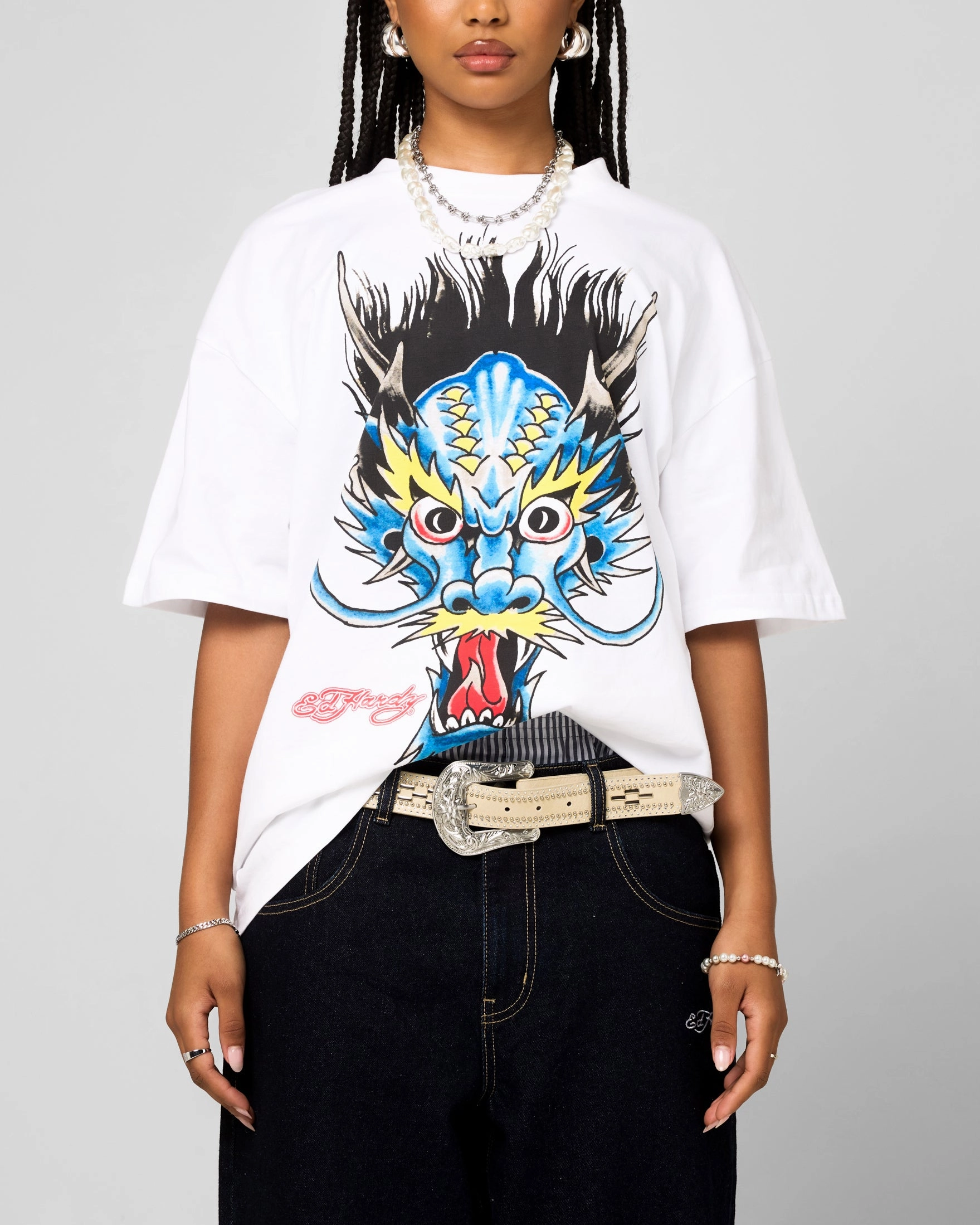 Hypoallergenic Lining FlexibleKnit Ed Hardy Blue Dragon T-Shirt White