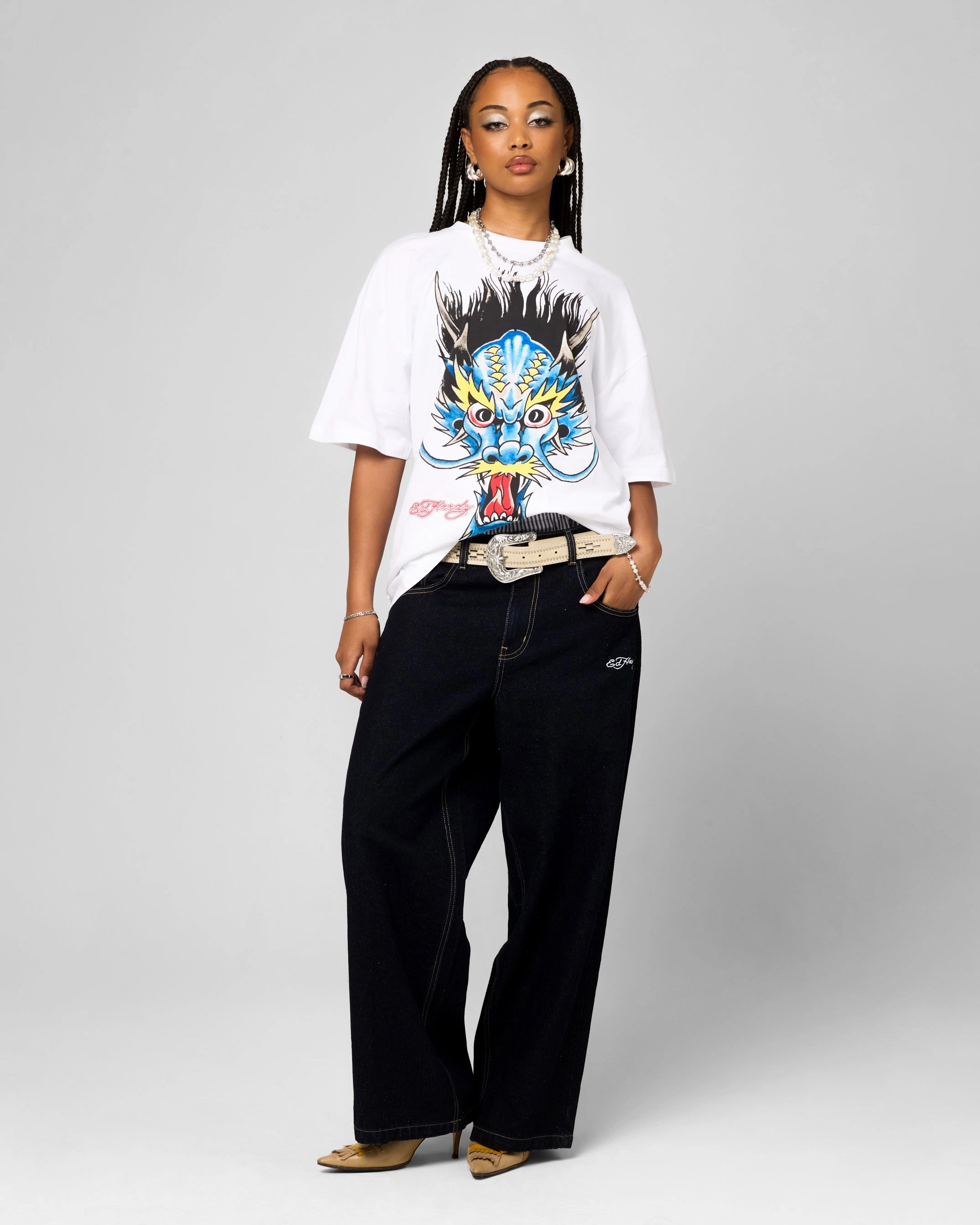 Moisture Control Technology WideNeckOpening Ed Hardy Blue Dragon T-Shirt White