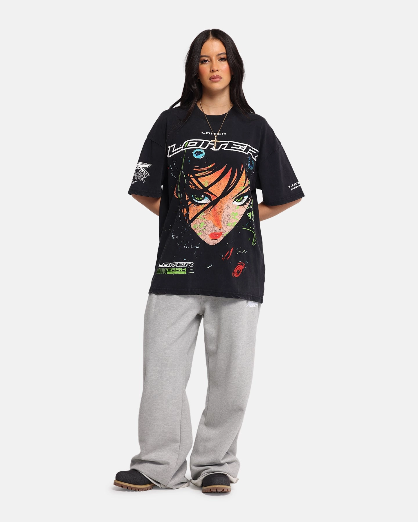 Non Closure Collar BreathableMesh Loiter Project Dark Vintage T-Shirt Black Acidwash