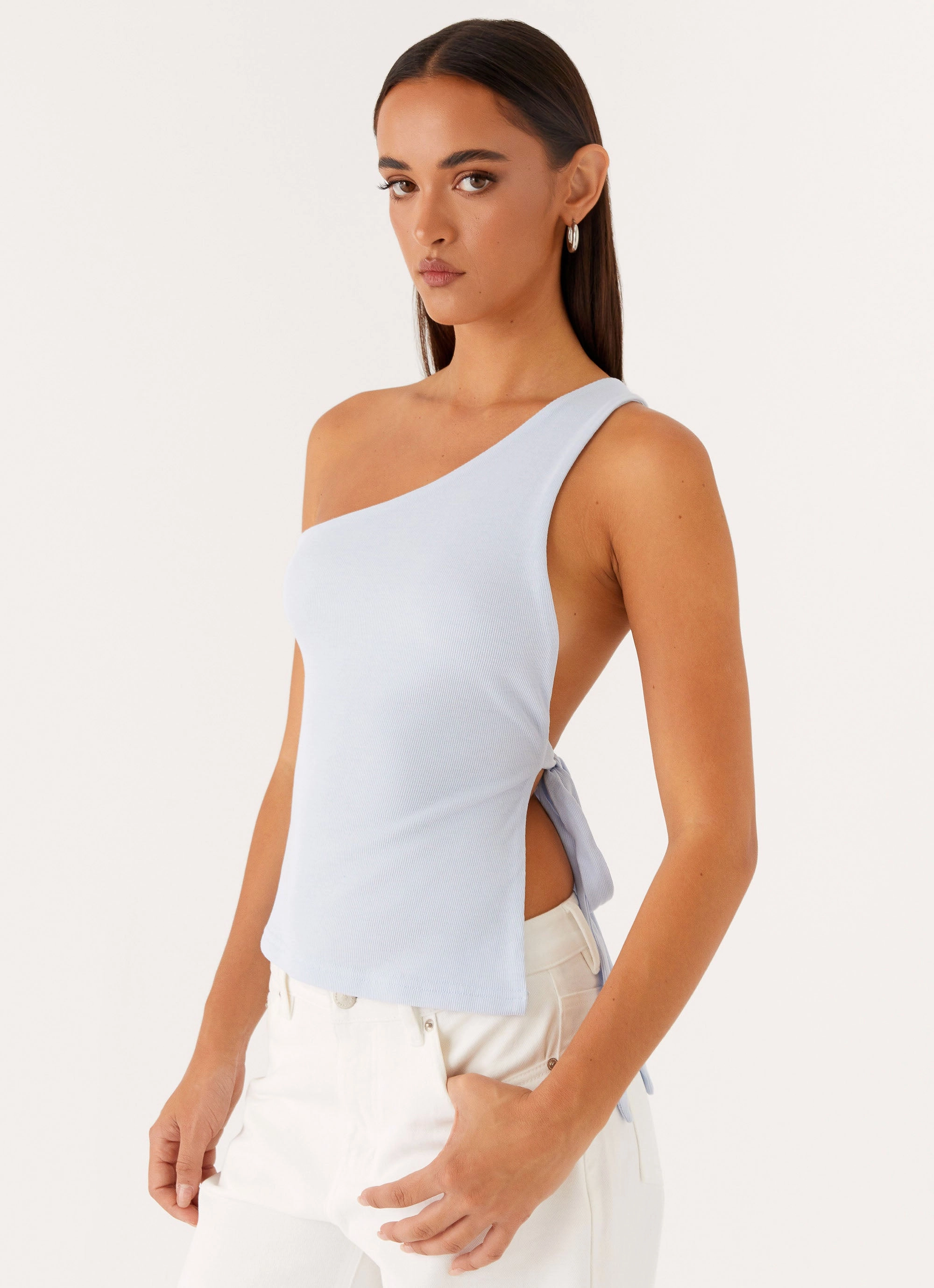 Interlock Knit Safiya One Shoulder Top - Blue
