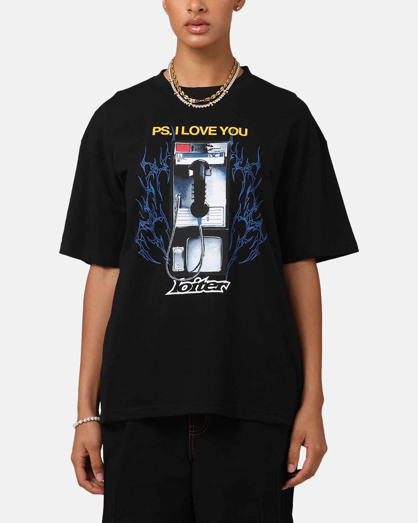 Reinforced Shoulder Lightweight Weave Material Loiter Phonebooth Vintage Drop T-Shirt Black