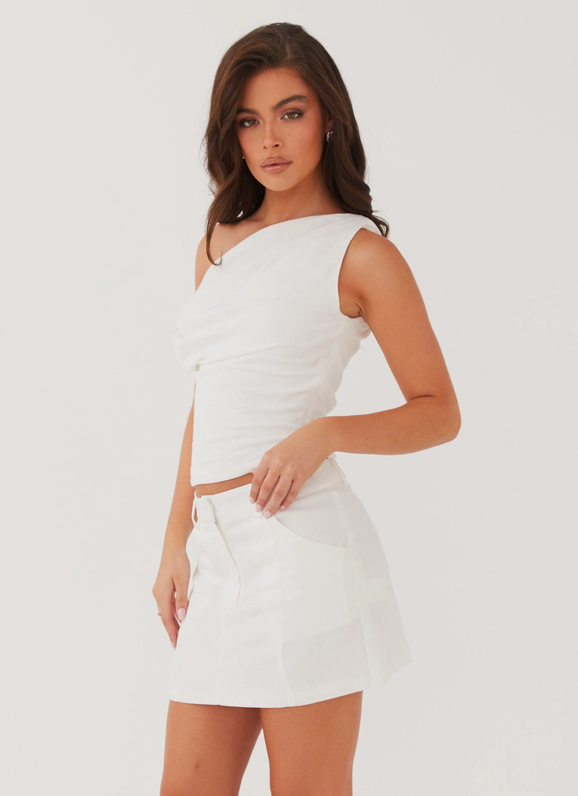 Marissa Linen One Shoulder Top - White Contoured Side Panels