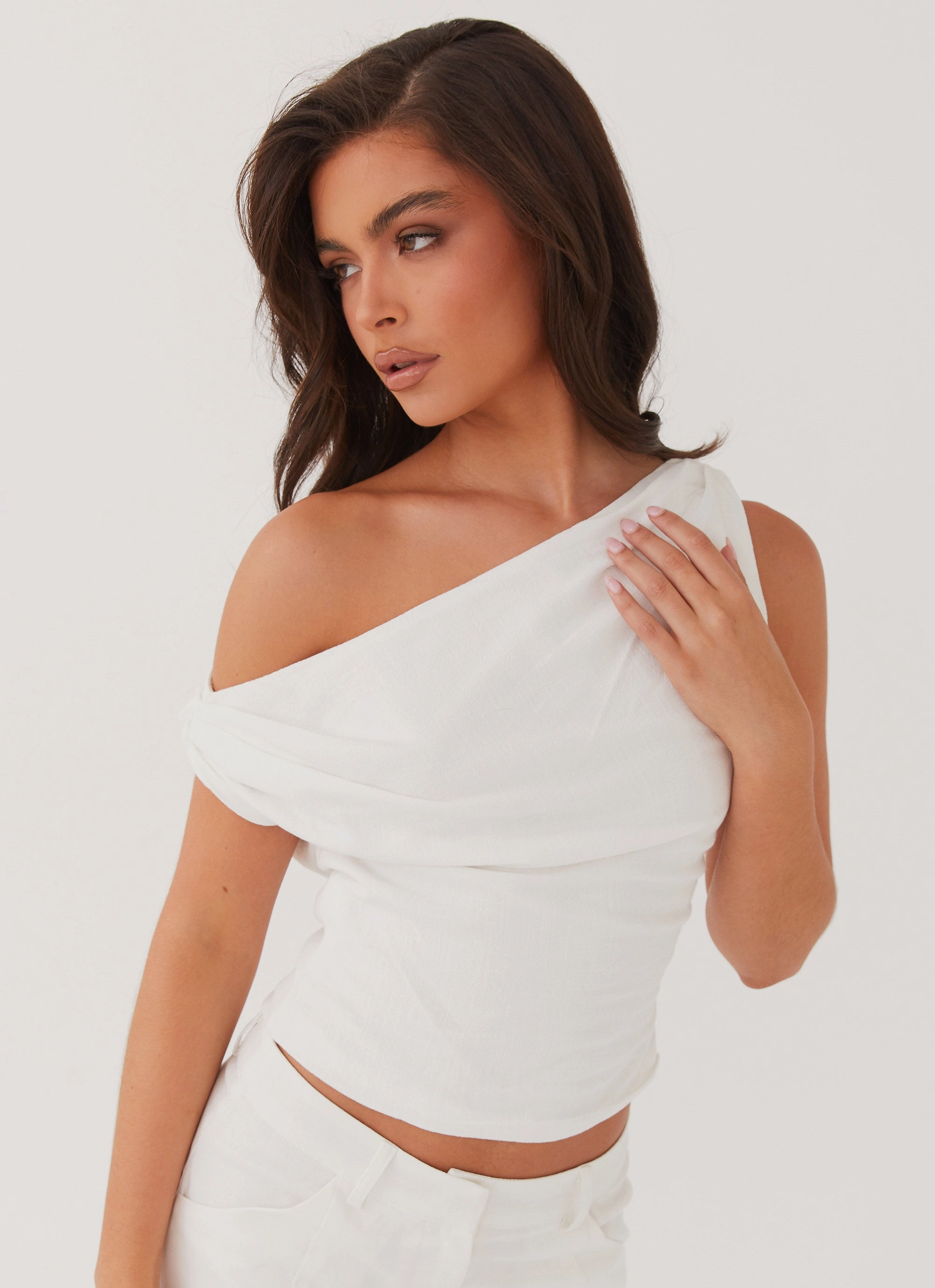 Non Restrictive Cut Marissa Linen One Shoulder Top - White