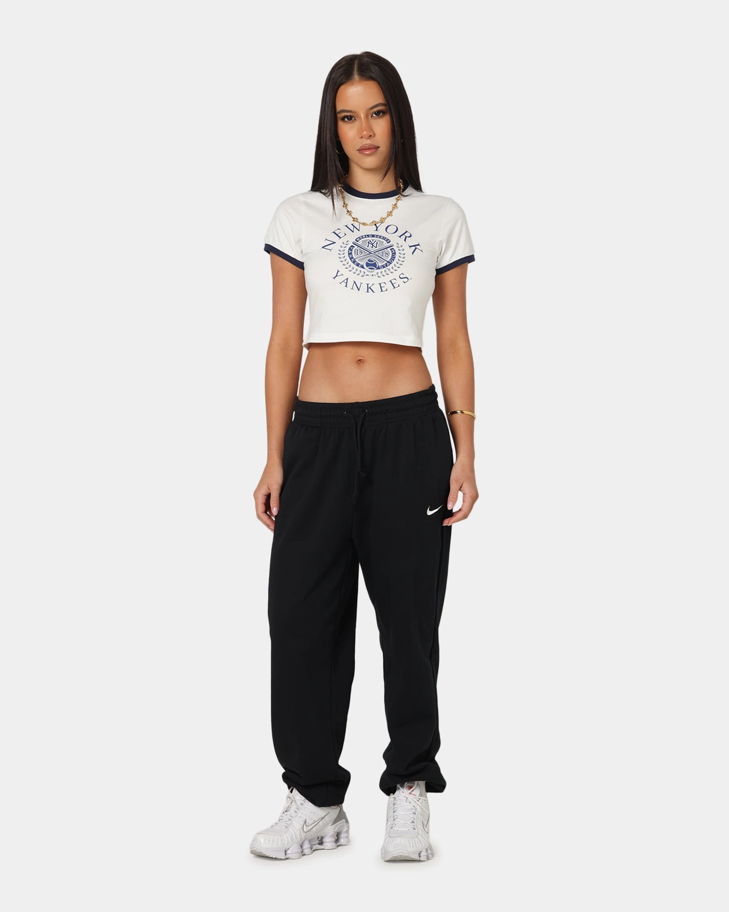 Elasticized Waistband Majestic Athletic Women's New York Yankees Crest Baby T-Shirt Vintage White