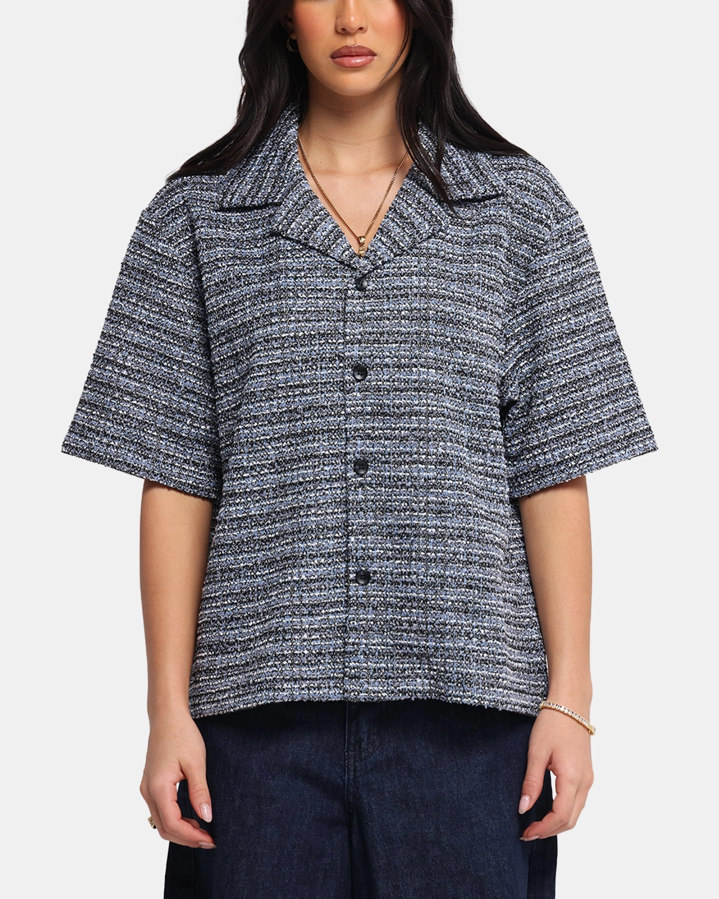 XXIII Boucle Tweed Crop Button Up Shirt Black/White/Blue Layered Hem Detailing