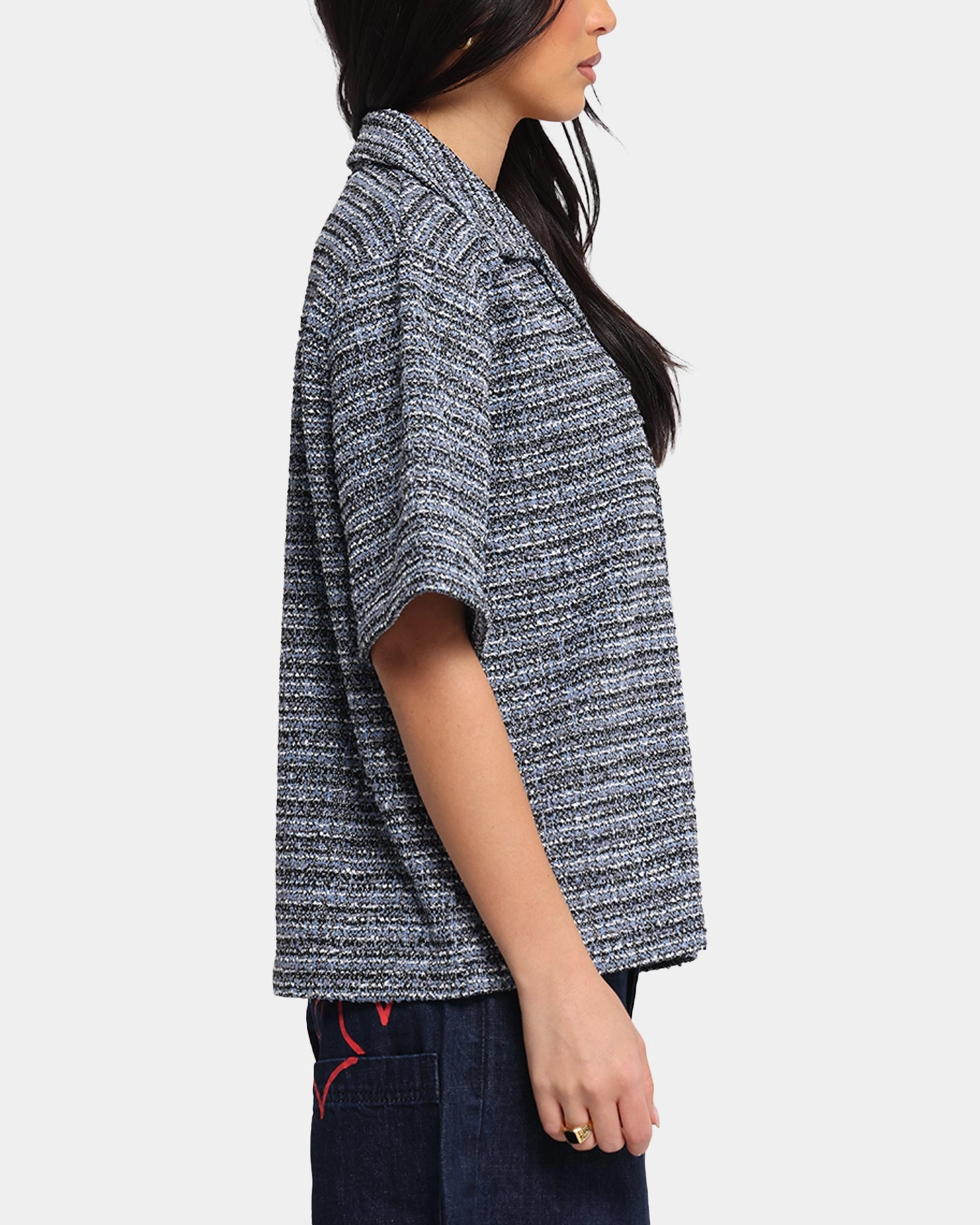 ReflectiveTrim VersatileNeckline XXIII Boucle Tweed Crop Button Up Shirt Black/White/Blue