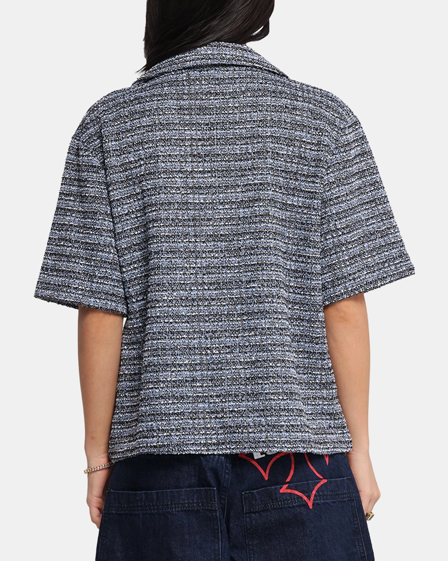 XXIII Boucle Tweed Crop Button Up Shirt Black/White/Blue NonChafeCollarTech Adaptive Temperature Control