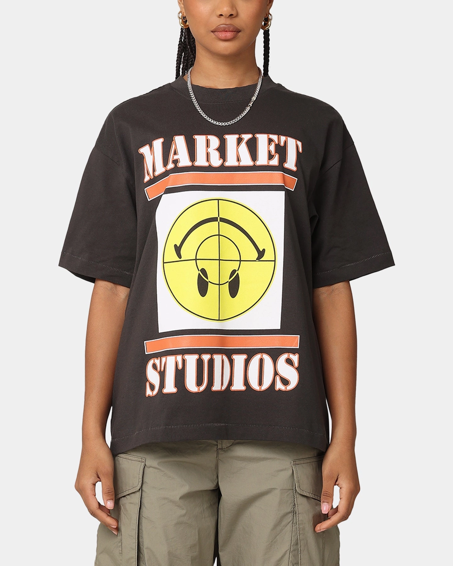 Market X Smiley Focus T-Shirt Washed Black DoubleLayeredShoulders AllDay Comfort Tech